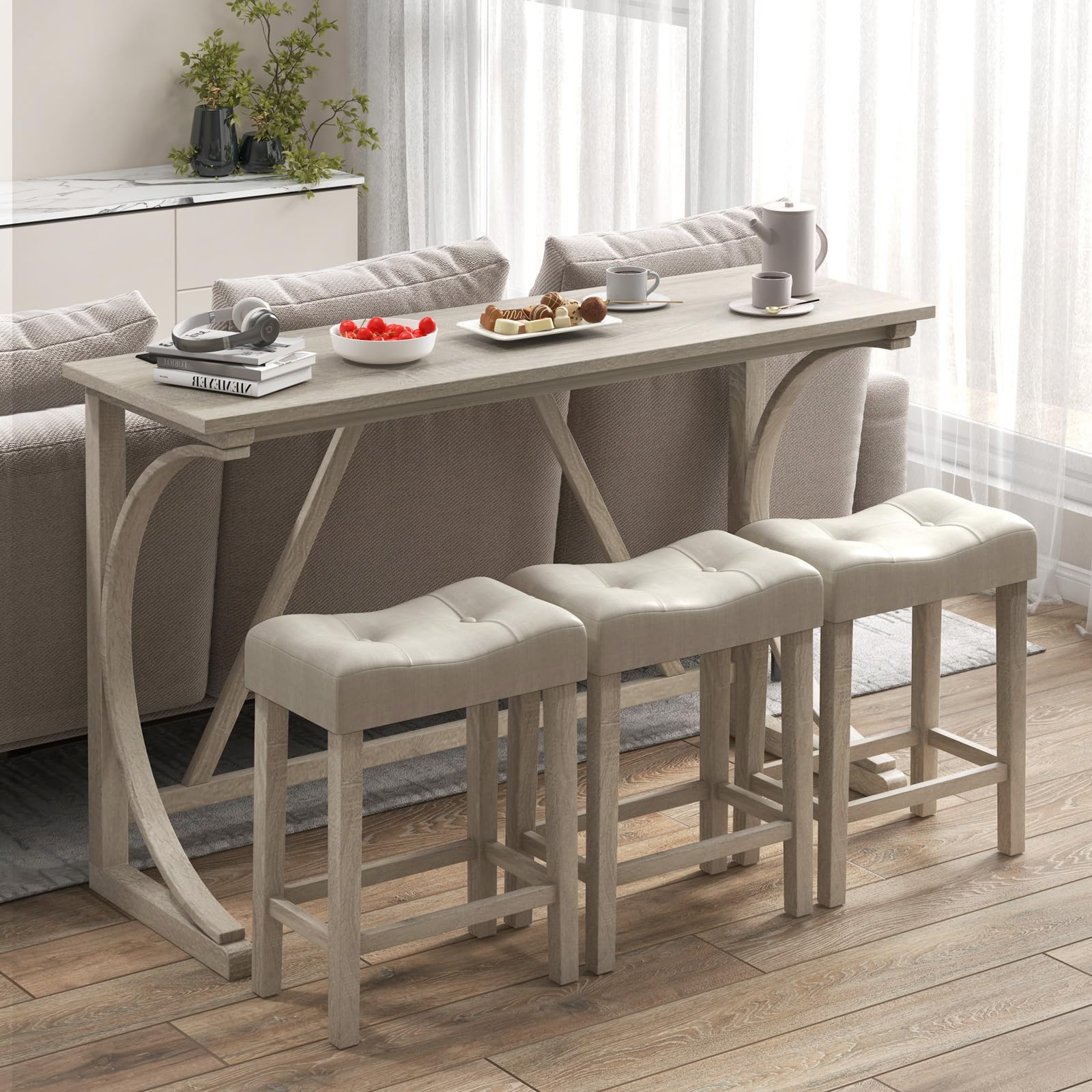 RELAX4LIFE Set di Tavolo e 3 Sgabelli da Bar, Tavolo da Pranzo in Legno di Gomma con Stazione di Ricarica Integrata, Stile Fattoria, Set di Tavolo da Pranzo, 150x48x92cm