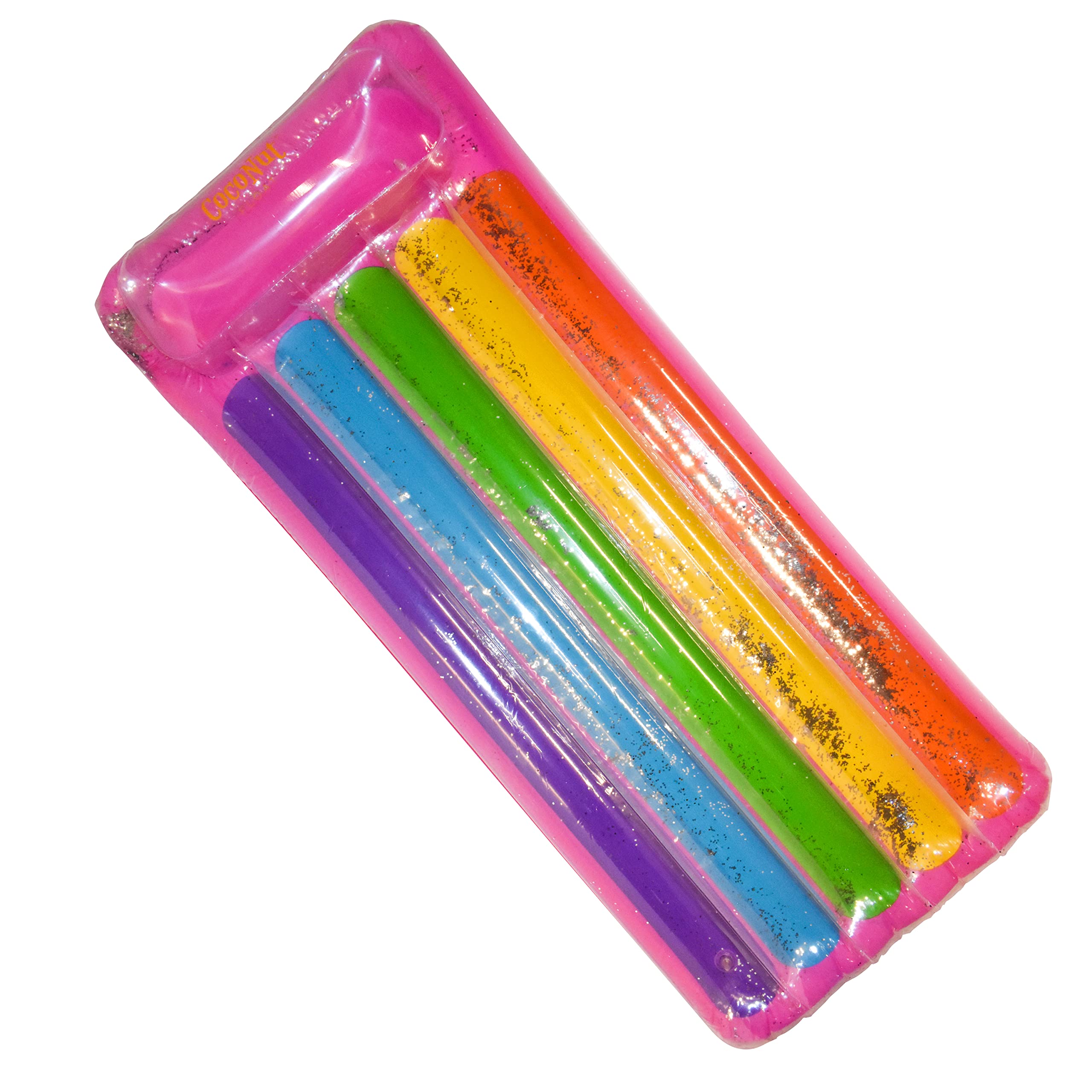 Coconut FloatGlitter Rainbow Pool Lounger – Inflatable Raft – Durable Long Lasting Lounger Float and Water Toy – Fun Decoration for Parties, Events – Ages 8+ Years