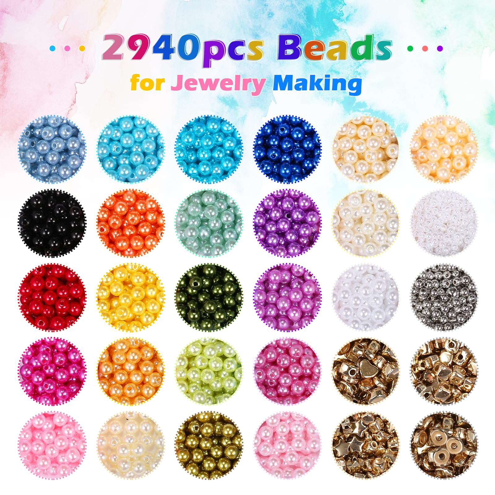 Naler 2940pcs Pearl Beads for Jewelry Making Kit 24 Colors 6mm Pearl Beads with Spacer Beads for Bracelet Necklace Making for Adults DIY Crafts