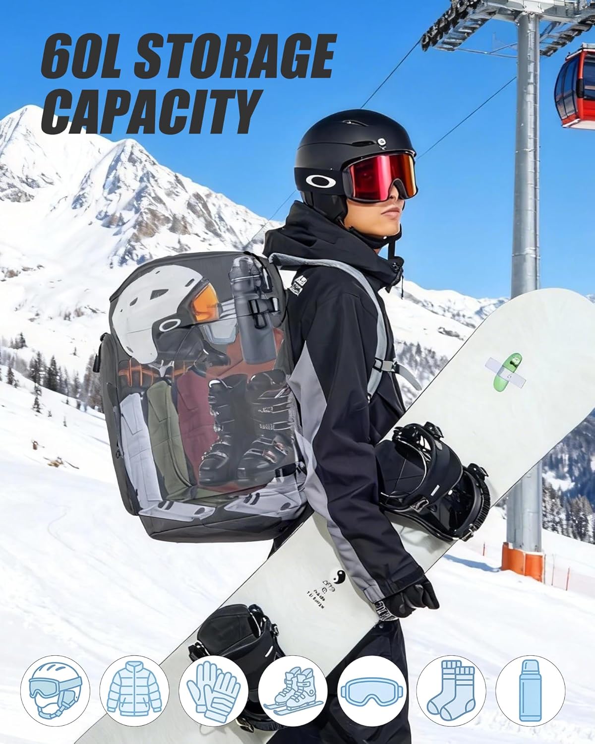 Ski Boot Bag Black Ski and Snowboard Boots Backpack for Ski 60L Vacuum Travel Backpacks with Pump Waterproof Snowboard Boot Bagfor Helmet, Goggles, Gloves, Skis, Snowboard & Accessories