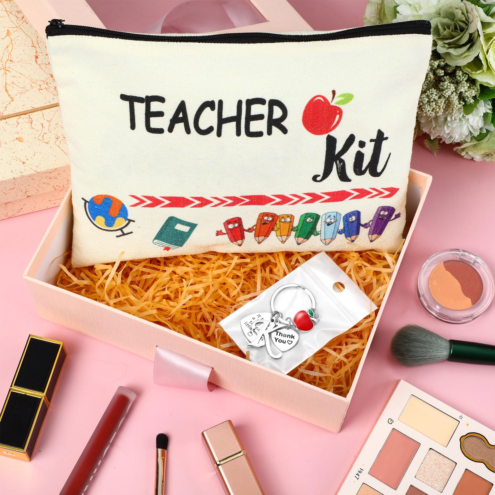 MTLEE 2 Pcs Teacher Appreciation Gift Sets 2025 Graduation Present Makeup Pouch Cosmetic Bag Thank You Keychain with Initial(K Shape)