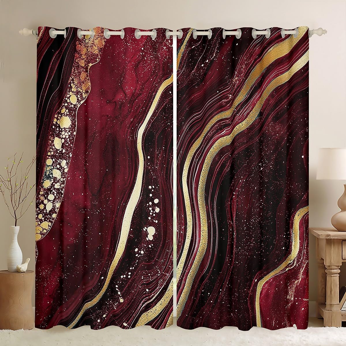 Brownish Red And Gold Marble Window Curtains 2 Panel Sets 66 x 90 Inch, Golden Glitter Pattern Marble Stone Window Treatments Drapes, Marbling Blackout Curtains, Abstract Modern Stone Decor