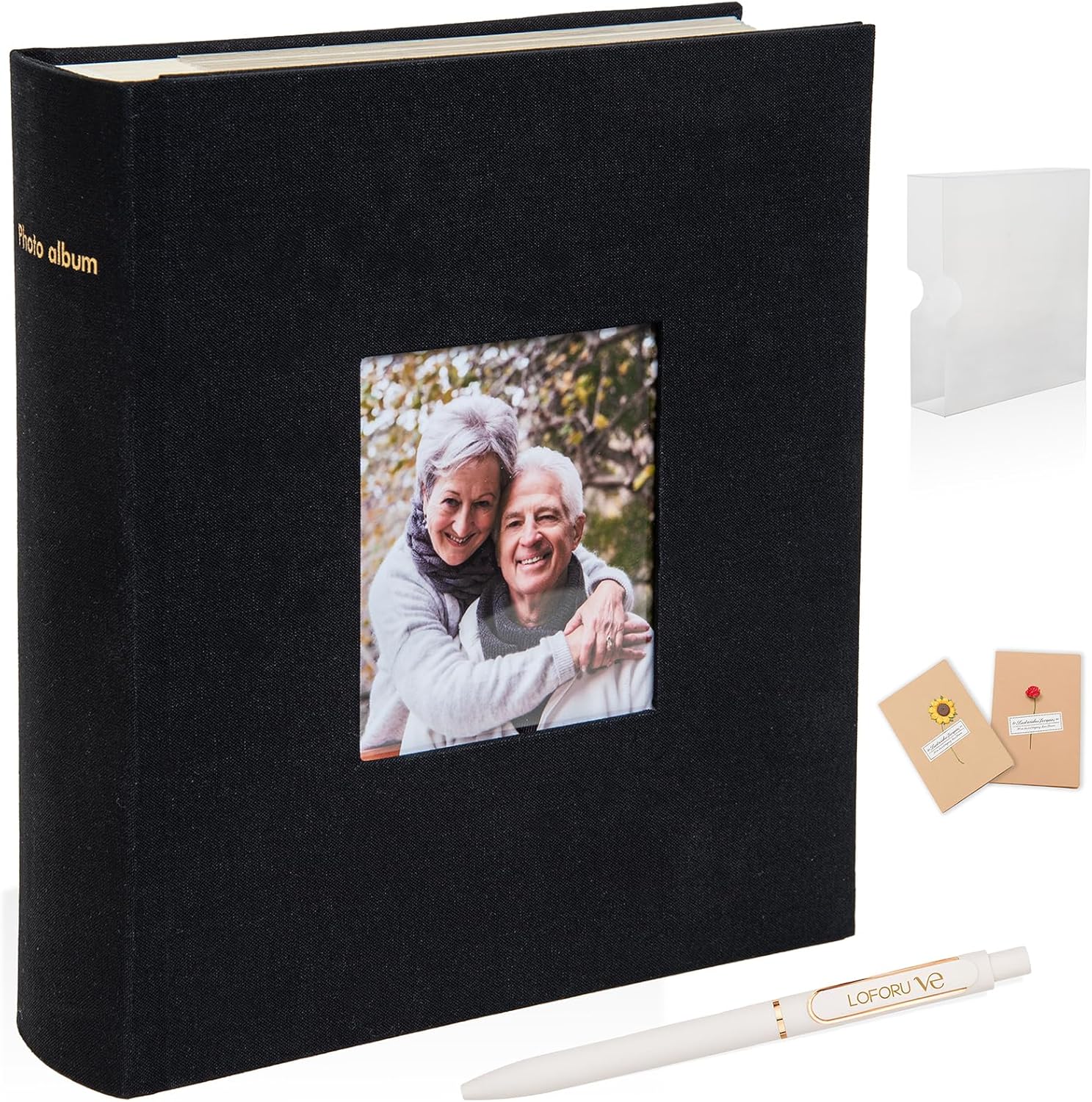 Photo Album 4x6 200 Reinforced Pockets With Writing Space,Linen Acid-Free Photo Album Book & Gold Foil Handmade, 2 Cards & Pen & PET Case for Wedding Family Pets Gifts(Black)