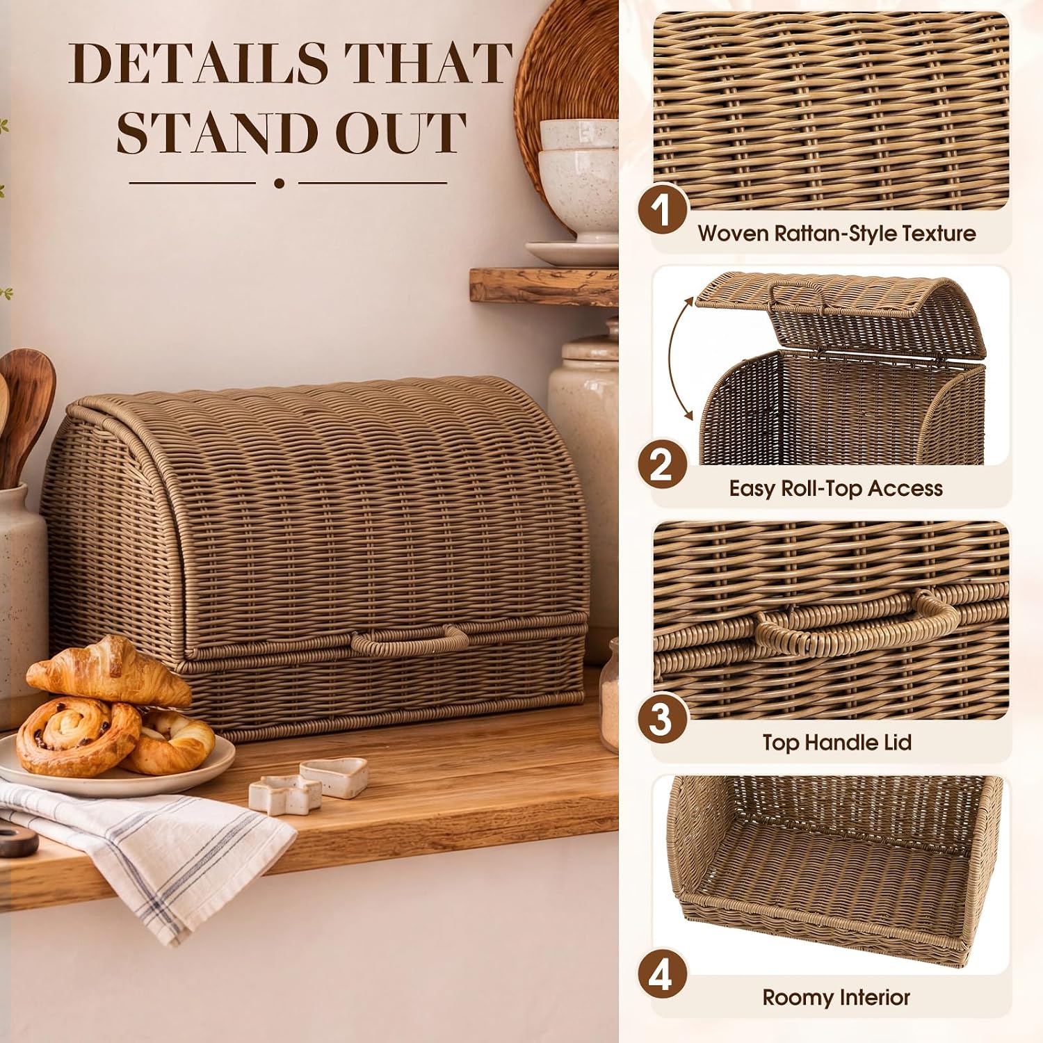 SiliFine Large Rattan Bread Box Breadbox for Kitchen Countertop Vintage Food Storage Bin Rustic Woven Bread Storage Basket for Bread-loaves, Pastries, Fruit and Farmhouse Kitchen Organization