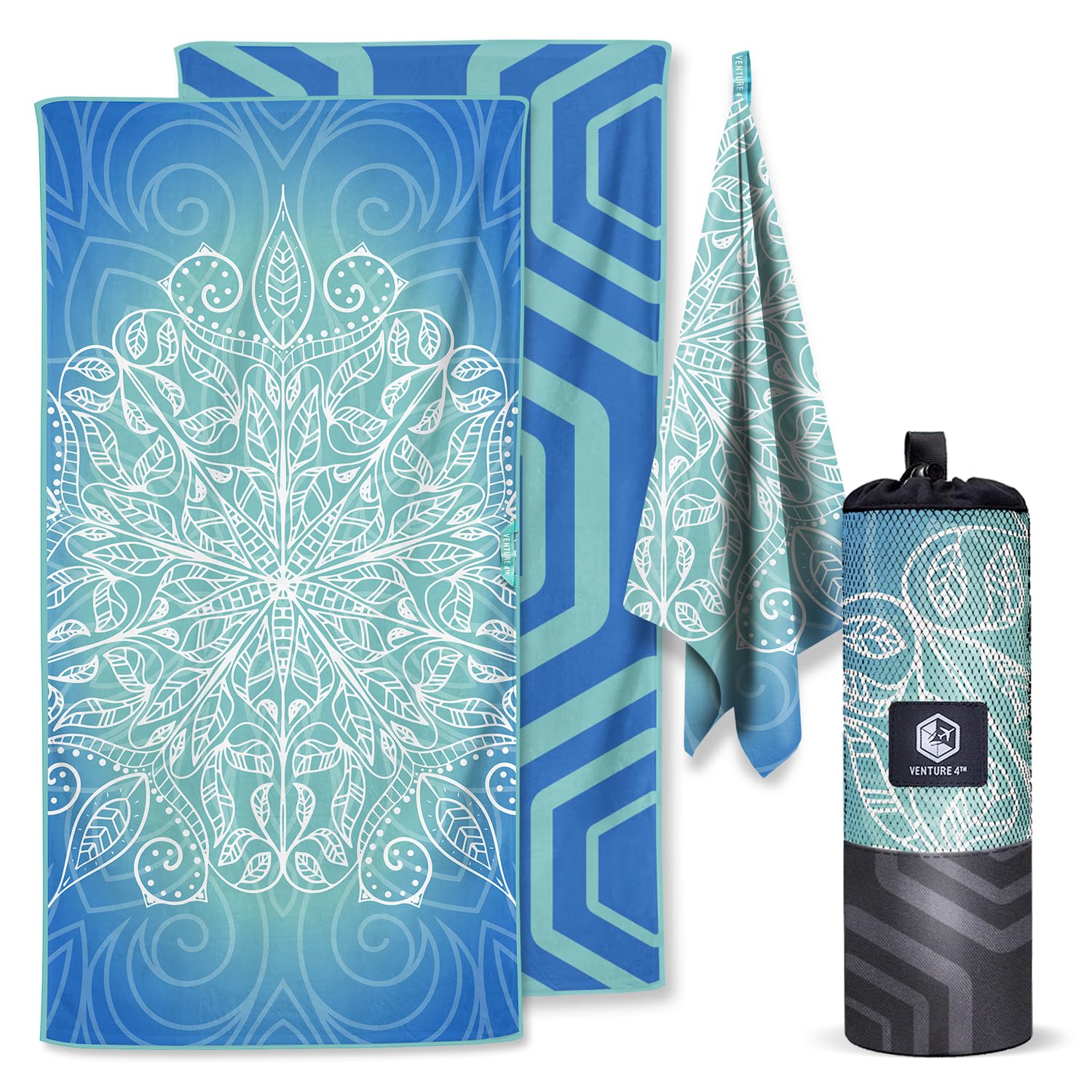 VENTURE 4TH Microfiber Beach Towel: Quick-Dry, Compact, Sand-Free, Absorbent, Sandproof and Lightweight - Perfect for Camping, Beach, and Roadtrips (Blue Mandala Design | 35x78 inches) — image 1