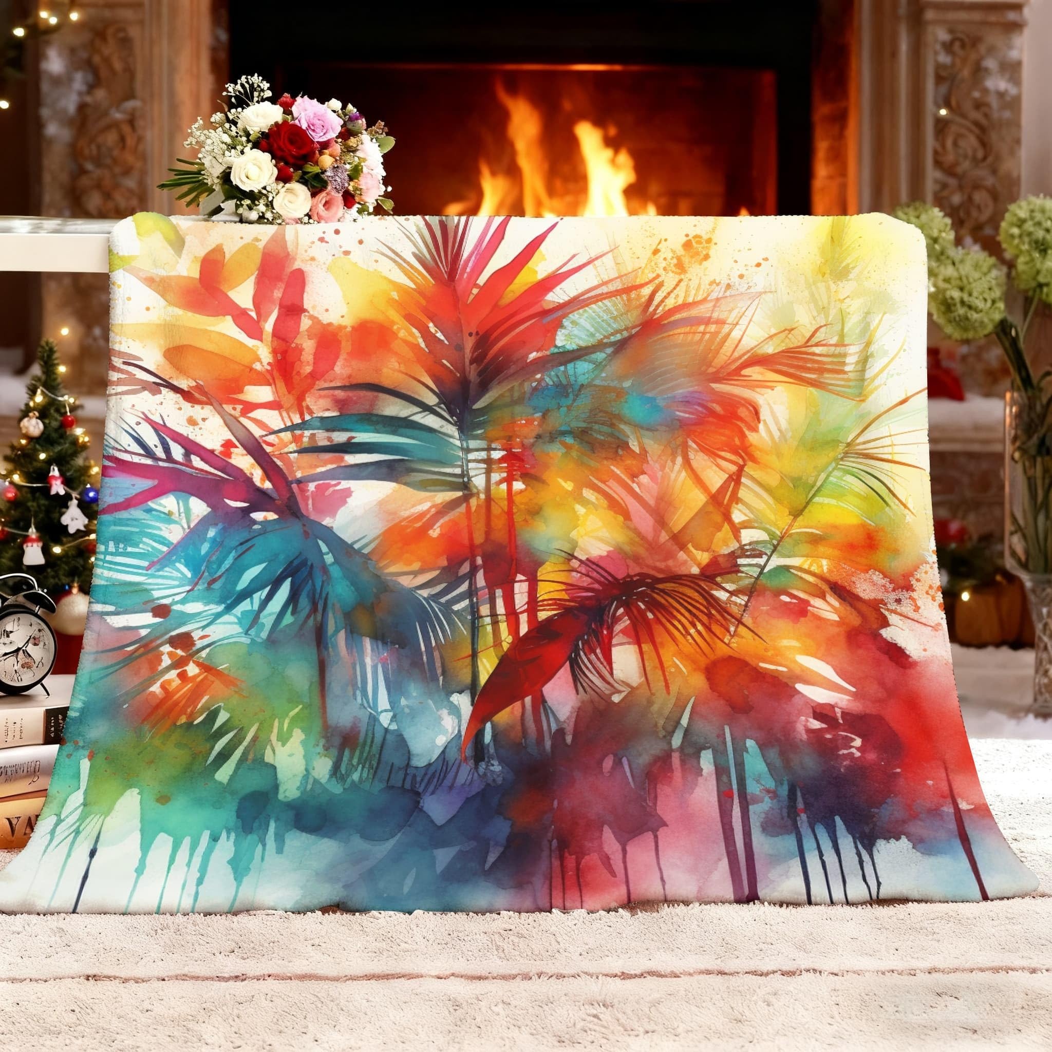 Koc do wtulania się 180 x 200 cm, XXL, akwarelowy, abstrakcyjny, botaniczny, super miękki i zimowy, ciepły koc polarowy na sofę, kanapę, łóżko, kolorowy, przytulny, przyjemny koc do mieszkania, koc na