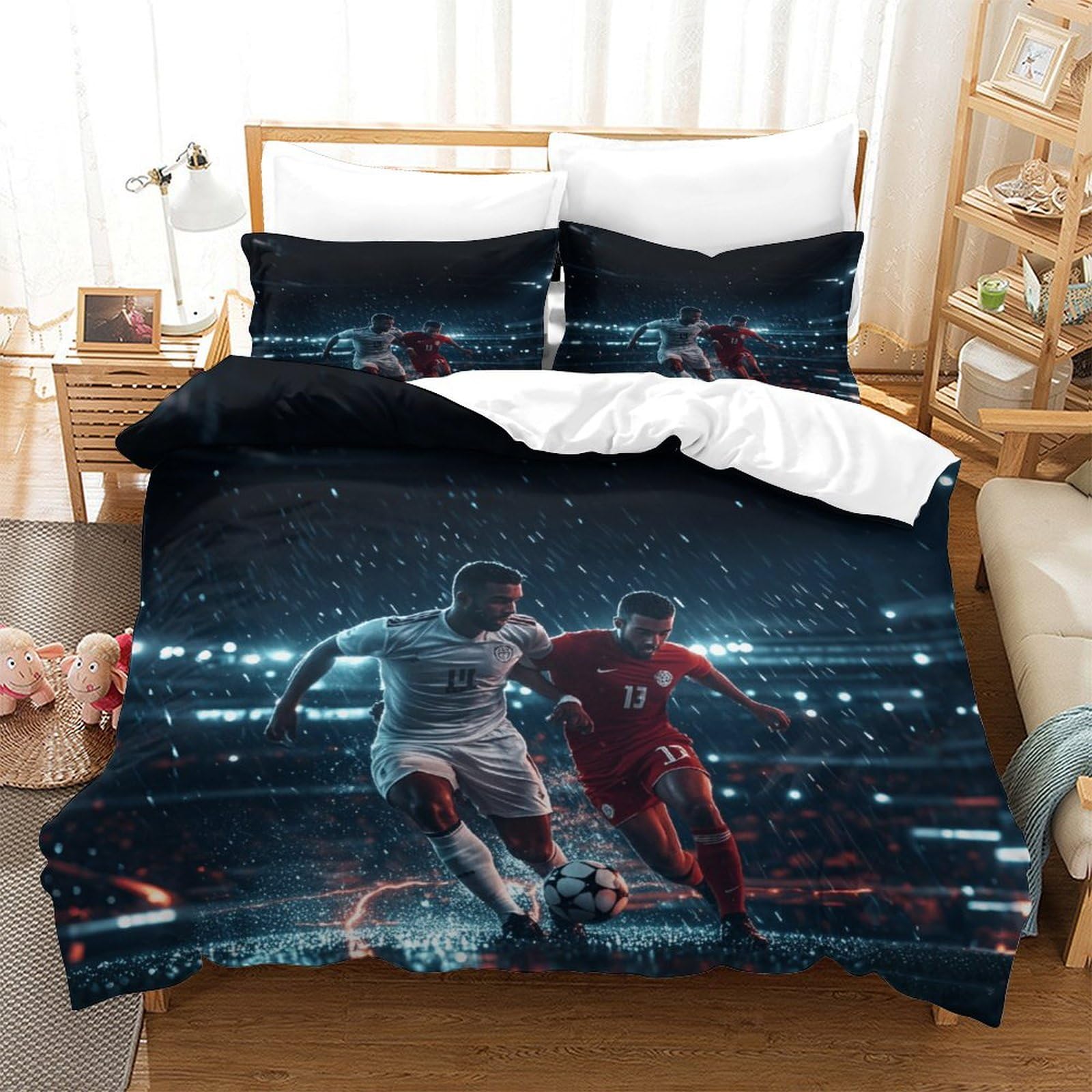 XiaopangXY Football Washable Bedding Set Hidden Zipper Duvet Cover Set with Pillowcases Soccer Quilt Cover Set Soft Microfiber Bed Linen Set for Kids & Adults Double（200x200cm）