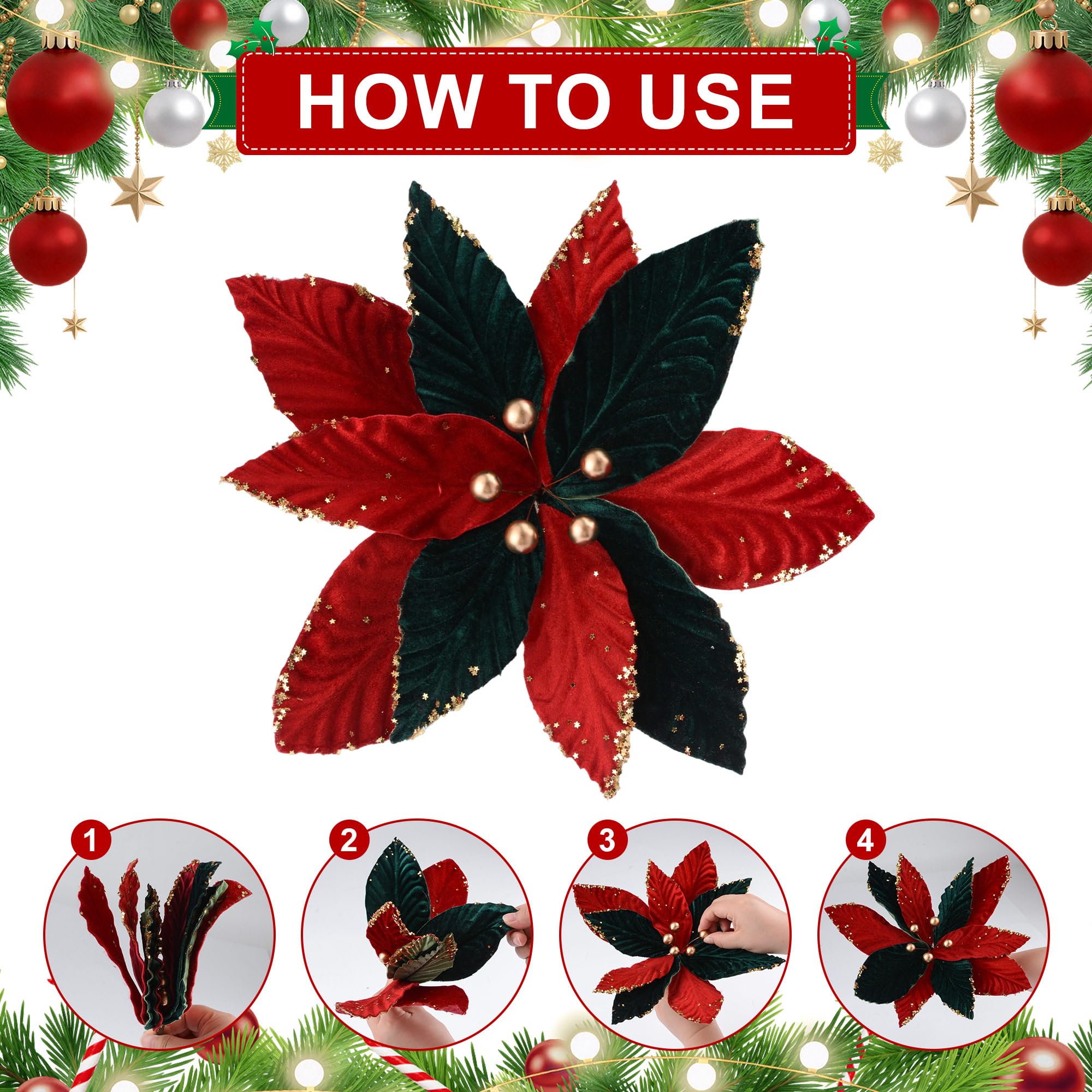 WANDIC 8pcs Fleurs artificielles Fleurs de Noël Tissu de Velours Rouge et Vert de Noël 28CM