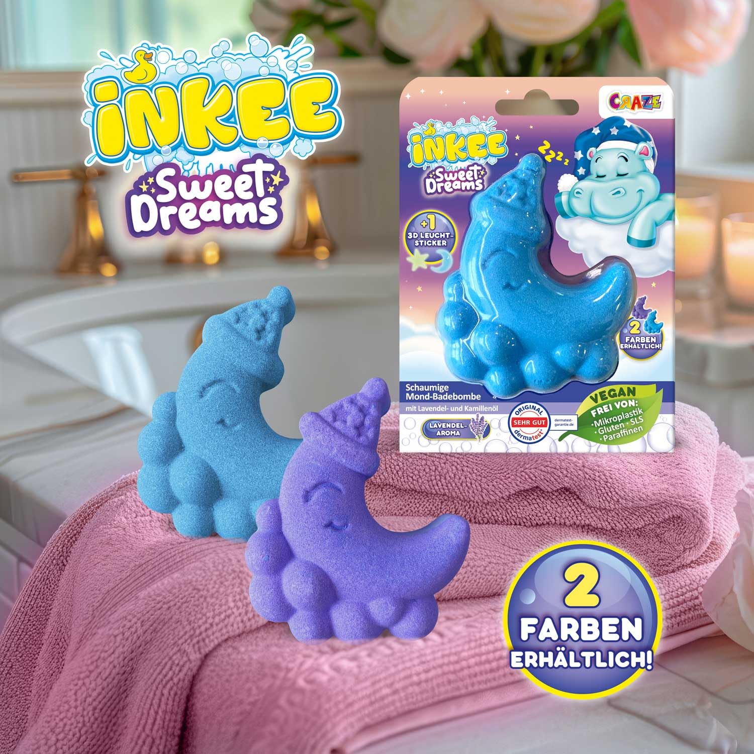 INKEE Foamy Moon Sweet Dream – spieniona kula do kąpieli w kształcie księżyca 60 g, kula kąpielowa dla dzieci z niespodzianką, z zapachem lawendy i olejkiem rumiankowym, fioletowa i niebieska