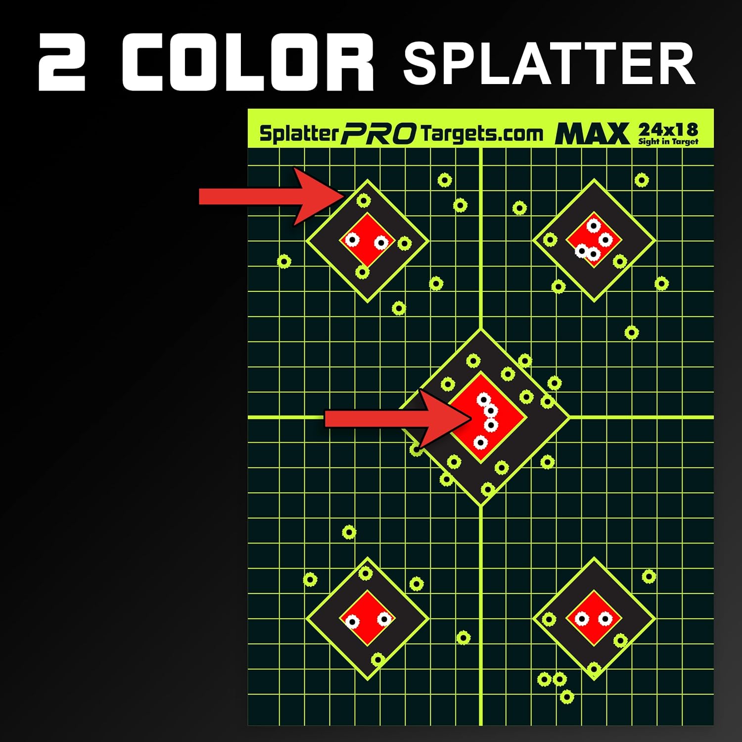 18x24 Extra Large Splatter Targets. Two Color Splatter to Easily See Your Shots! Bright Fluorescent Yellow and White Splatter. Fully Reactive Targets. See Your Hits and Your Misses!