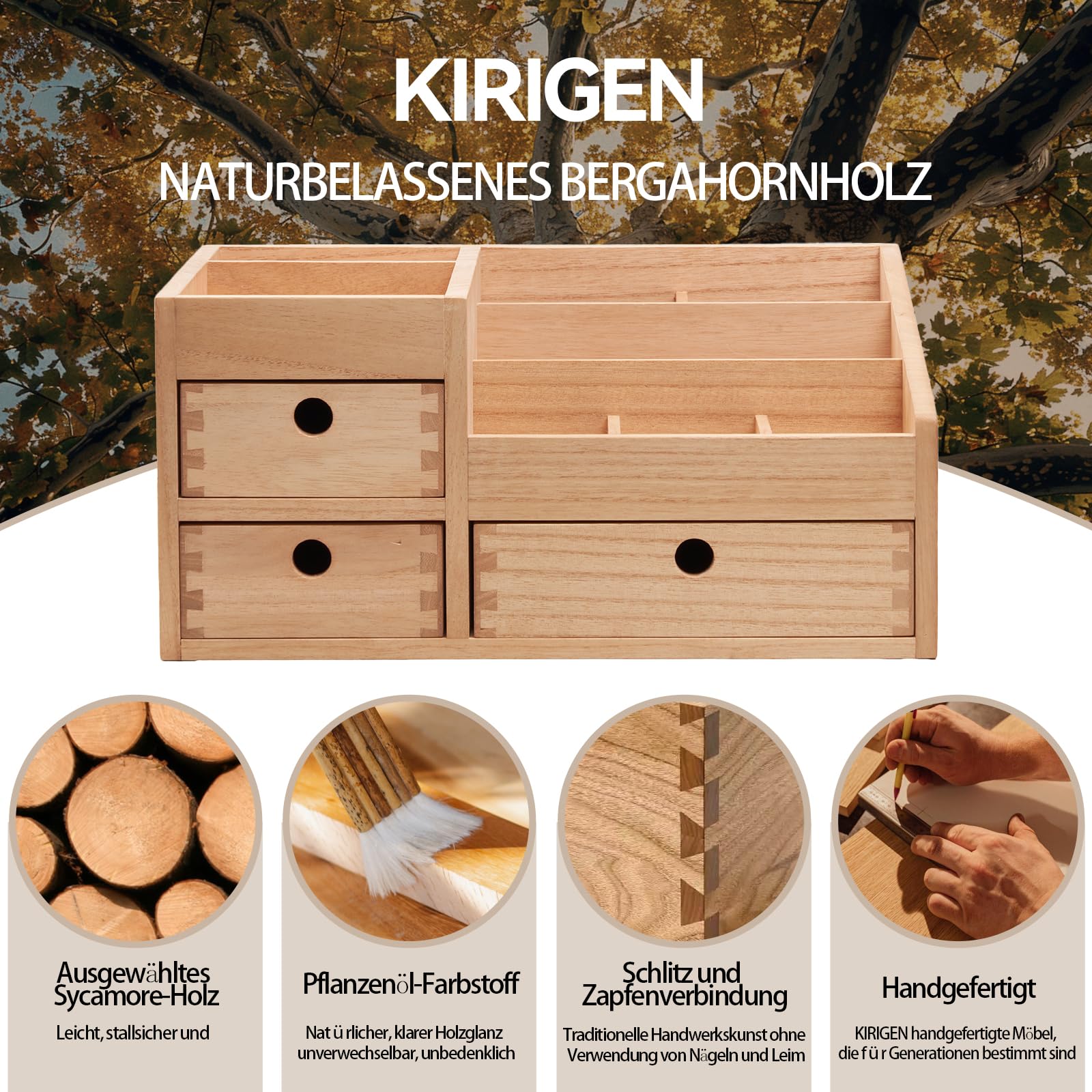 KIRIGEN Kosmetik-Organizer Holz, Schubladenbox, Make-up-Organizer, Natur | 3 Schubladen, 8 Fächer; fertig montiert; Zapfenverbindungen; Pflanzenöl; 38 × 27 × 17,8 cm