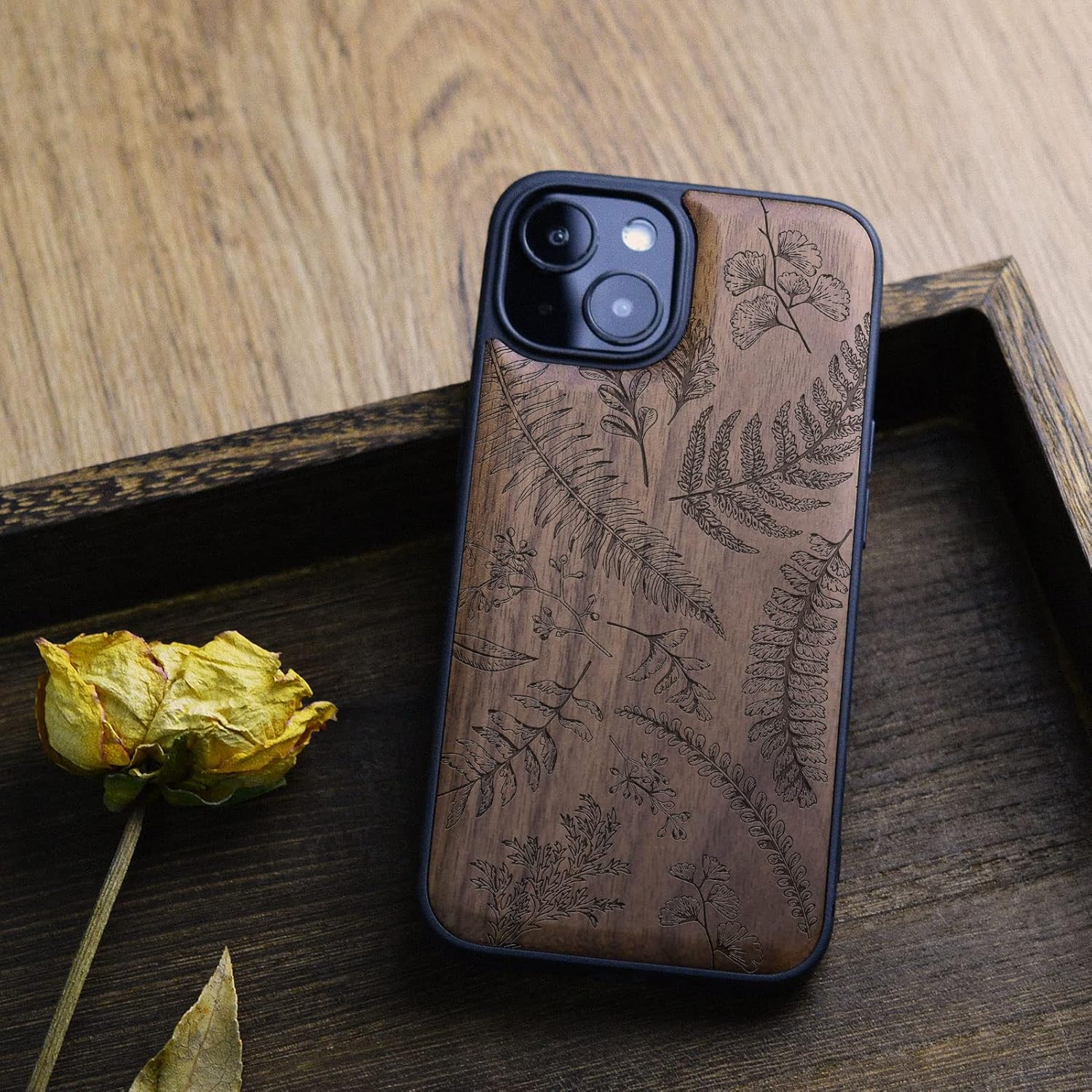 Carveit Magnetic Wood Case for iPhone 13 Case [Hard Real Wood & Black Soft TPU] Unique & Classy Wooden Shockproof Protective Cover Compatible with MagSafe (Fern Leaves & Herbs -Walnut)