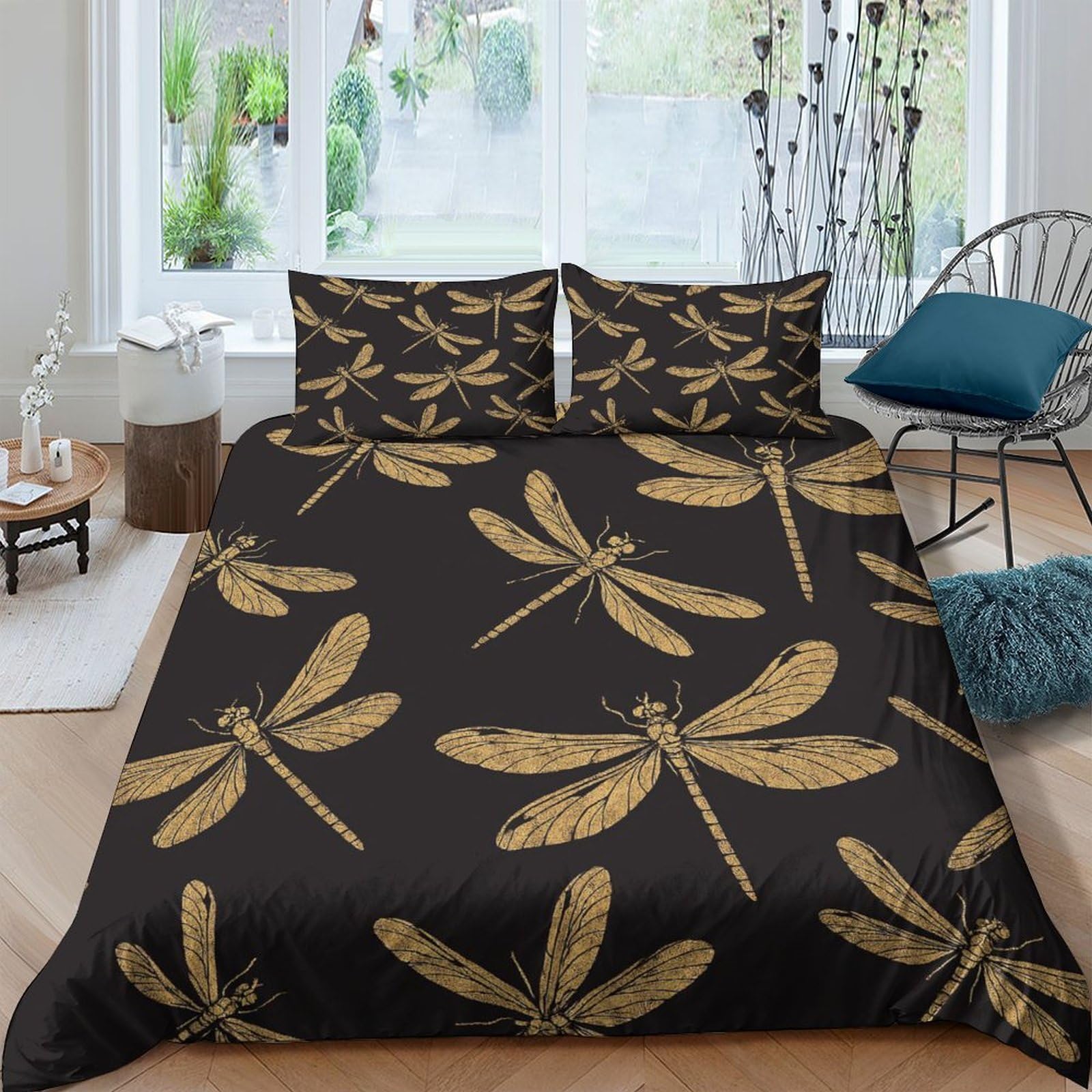 Ctjqhvkz Style-3 3D Printed Golden Dragonfly Fitted Sheet Microfiber Soft Black Bed Cover For Bedroom Guest Room Mattress Decor Single（135X200cm）