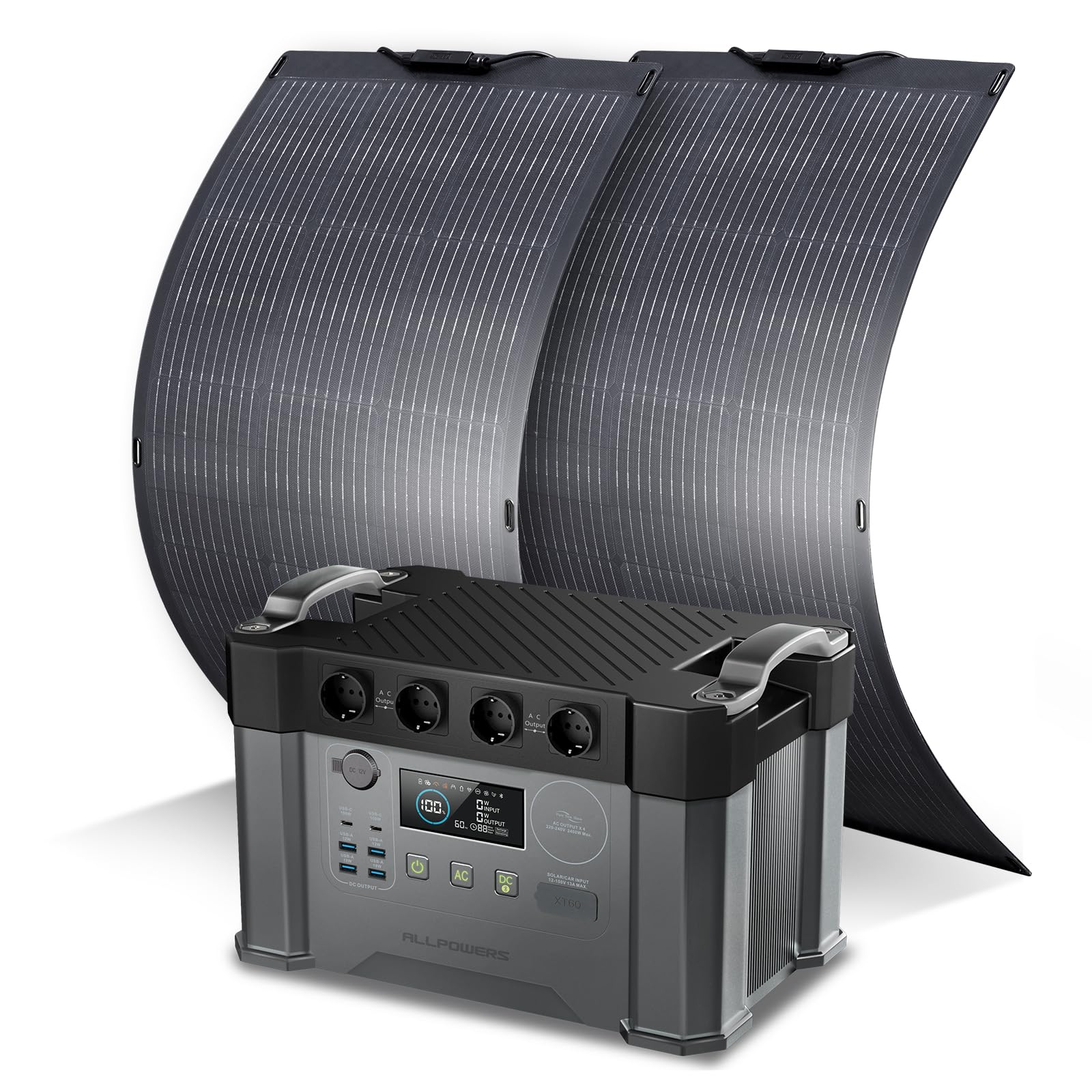 ALLPOWERS 1451Wh 2400W Centrale Elettrica Portatile S2000Pro e 2* 100W Pannello Solare Flessibile, 2700W AC+DC Power Station con 4 Uscite AC, Generatore Solare MPPT UPS per RV Campeggio Casa Emergenza