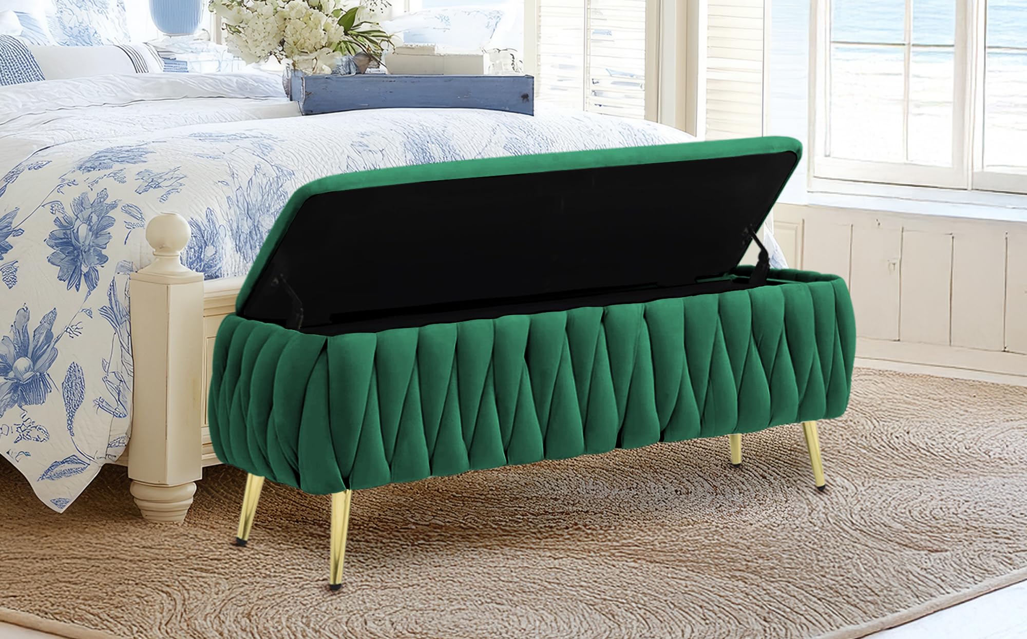 Panca Imbottita Divanetto In Velluto Contenitore Pouf Grande XXL PortaOggetti Intrecciato Panca Sgabello A Pie Di Letto Con Gambe In Metallo Dorato Cassapanca Legno Massello Panchina - Blu (Petrolio)