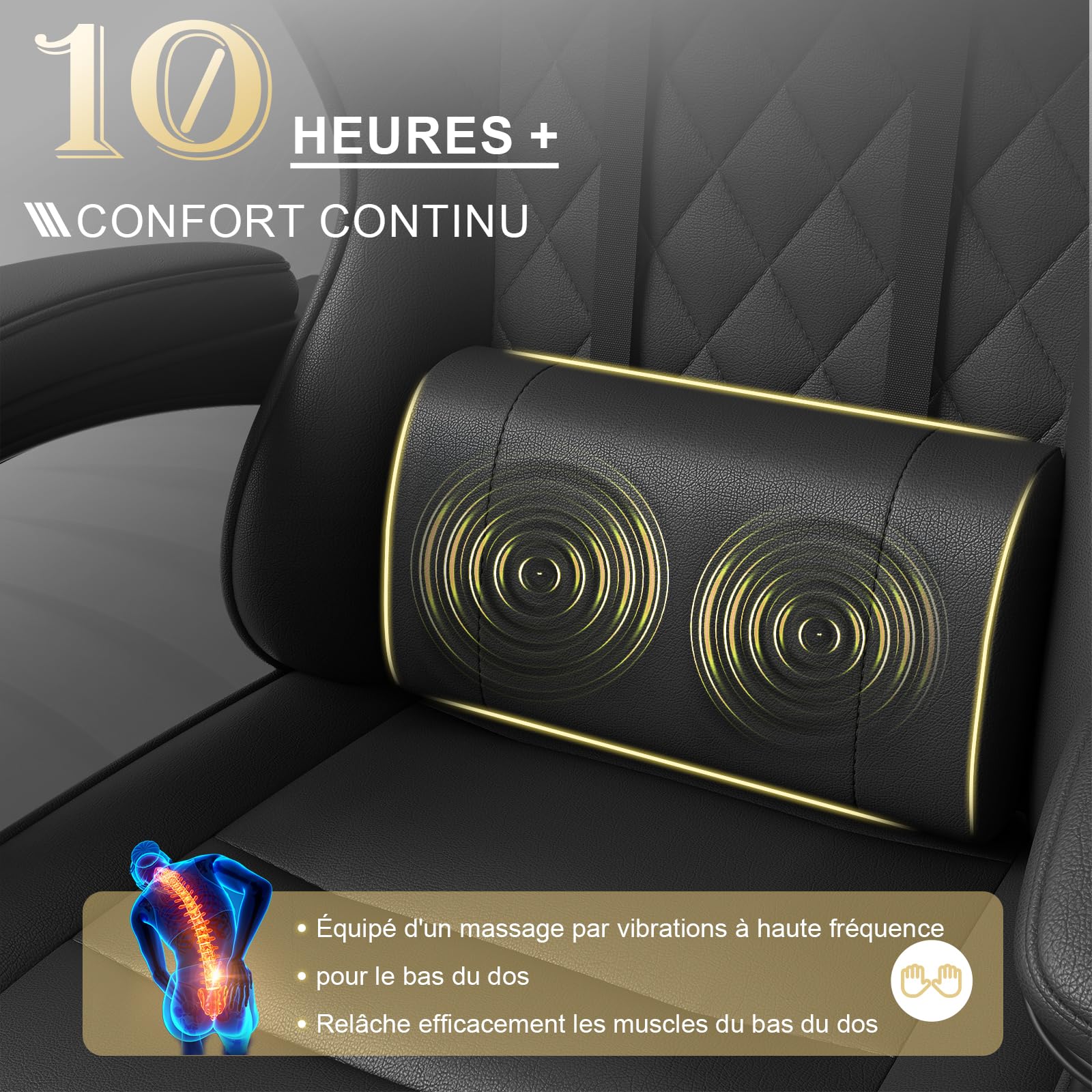 TRIUMPHKEY Chaise de Jeu Ergonomique avec Massage Lombaire, Fauteuil Gaming, Repose-Pieds Rétractable, Dossier Réglable, Confort Quotidien, Gaming et Bureau, Noir