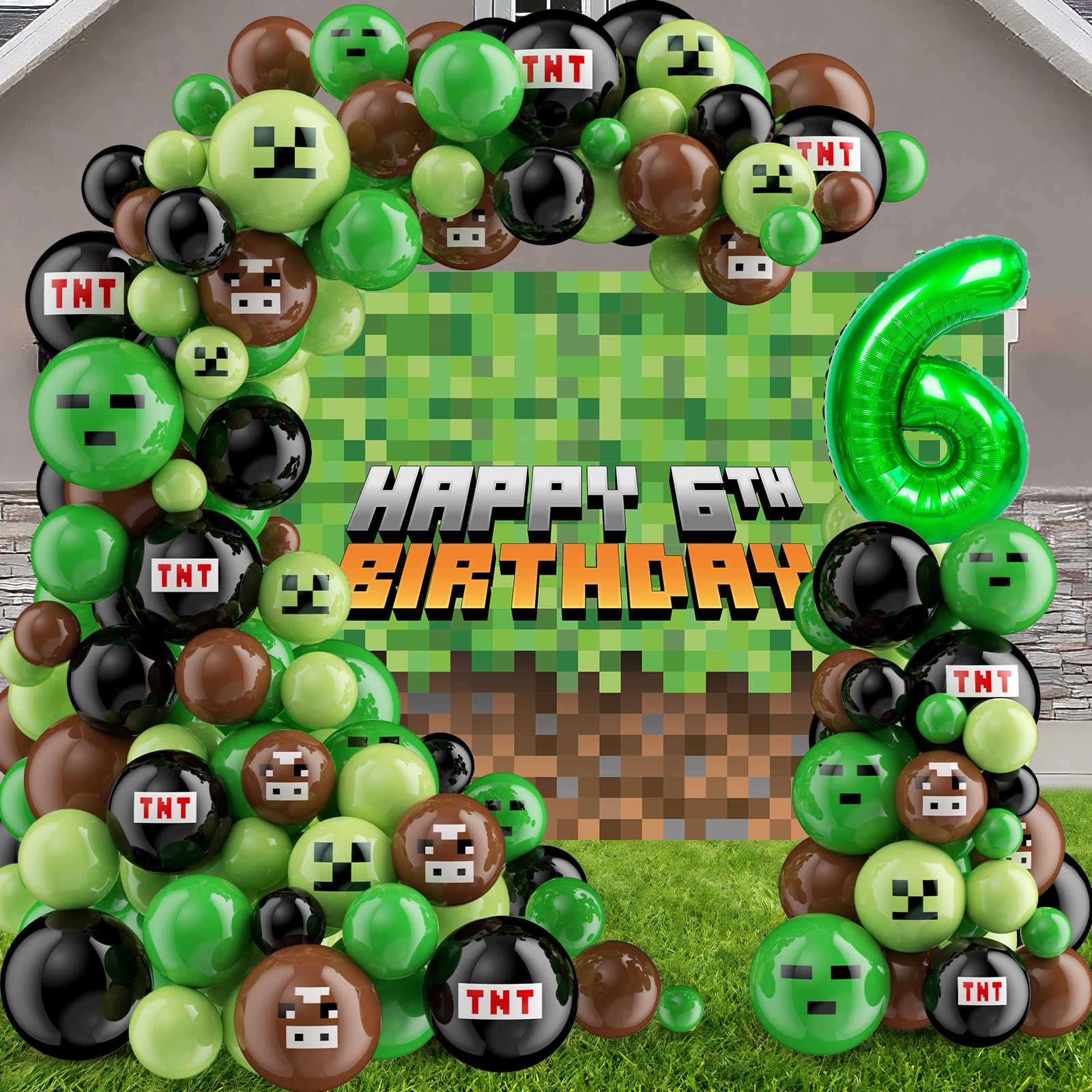 122Pcs Pixel 6th Birthday Party Supplies, Miner Crafting Balloon Garland Arch Kit, Include Pixel Balloons Arch, Number 6 Foil Balloon, Pixel 6th Birthday Backdrop Banner for Game 6th Birthday (6TH)