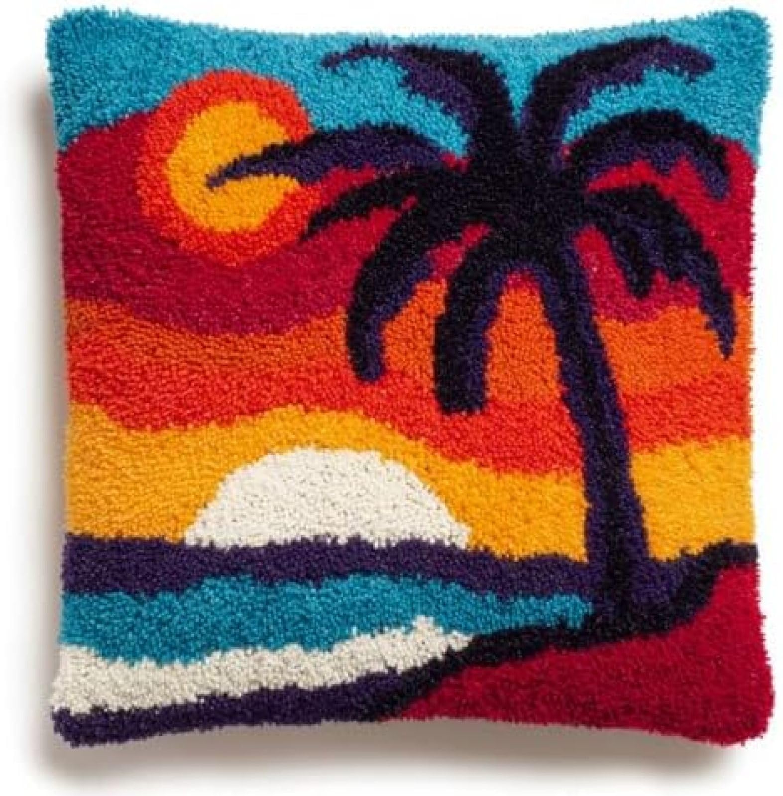 kitphoenix DIY Latch Hook Cushion Kit Palm Tree and Sunset,Beginner-Friendly Rug Hooking Pillow Kit,Crochet Craft Cushion Cover for Home Decor,43x43 cm-2