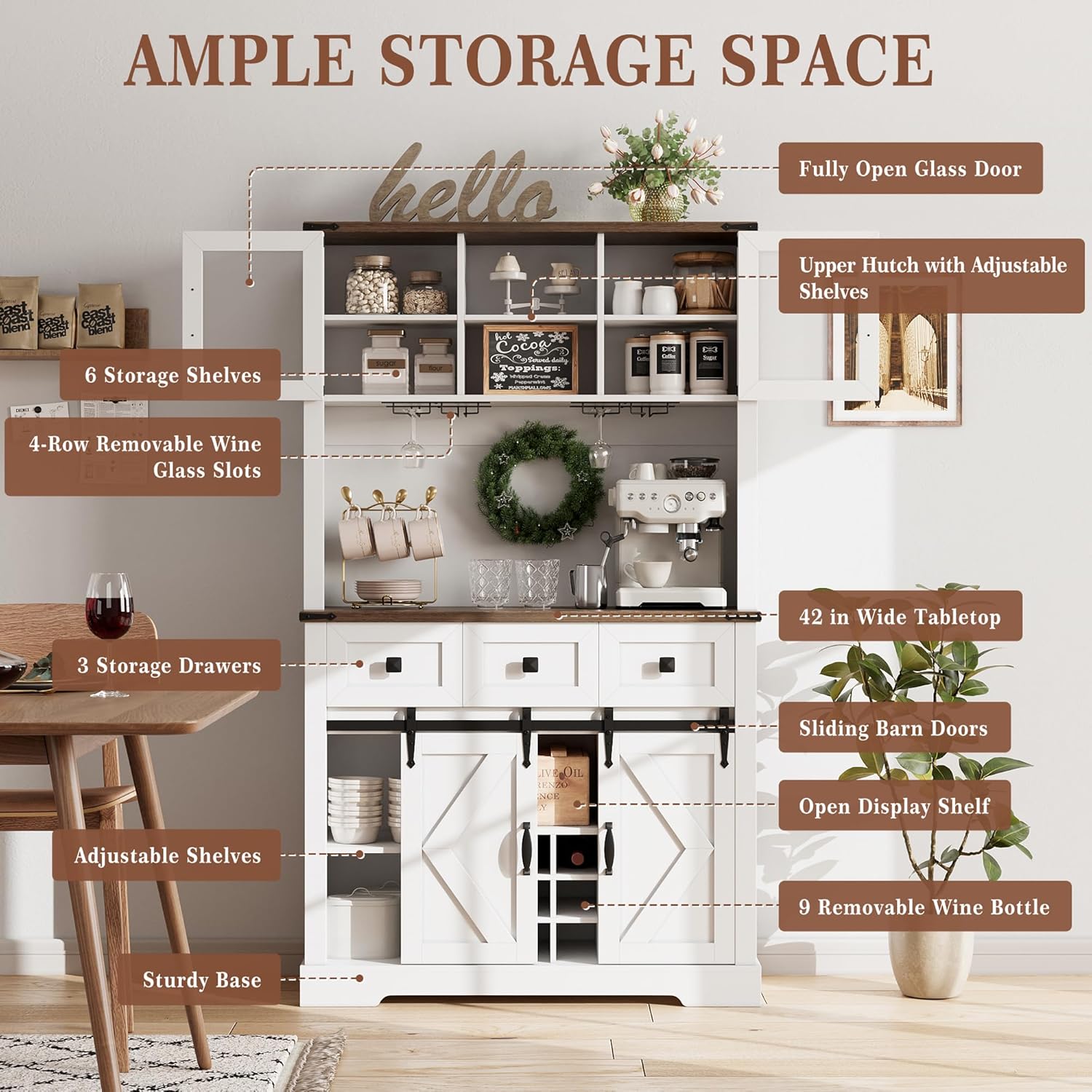 72" Kitchen Pantry Storage Cabinet with Hutch and Sliding Barn Door, Farmhouse Tall Buffet Cabinet with Drawers, Large Coffee Bar with Wine & Glasses Rack, for Home Living Room, White