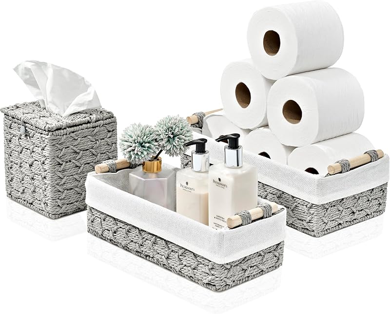 Sorbus Paper Rope Bathroom Baskets & Tissue Holder Set - Decorative Wicker Baskets for Bathroom Shelves - Lined Storage Set for Organizing Toilet Tank Top - Store Washcloths, Hand Towels, Skincare