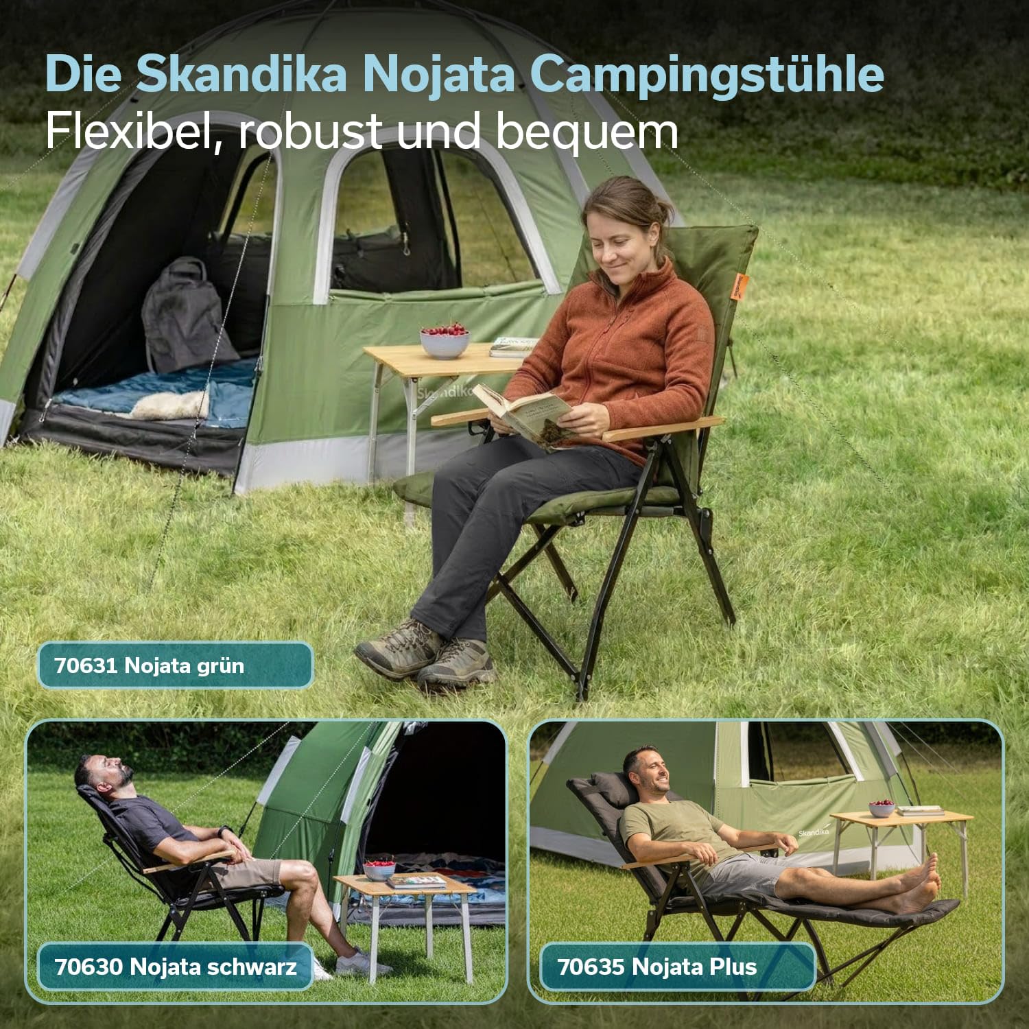 Skandika Campingstuhl Nojata Plus | Hochlehner faltbar, mit Fußablage & Kissen, 3-Fach verstellbare Rückenlehne, 120 kg belastbar | Stuhl klappbar, Klappstuhl für Camping, Garten, Festival, Balkon