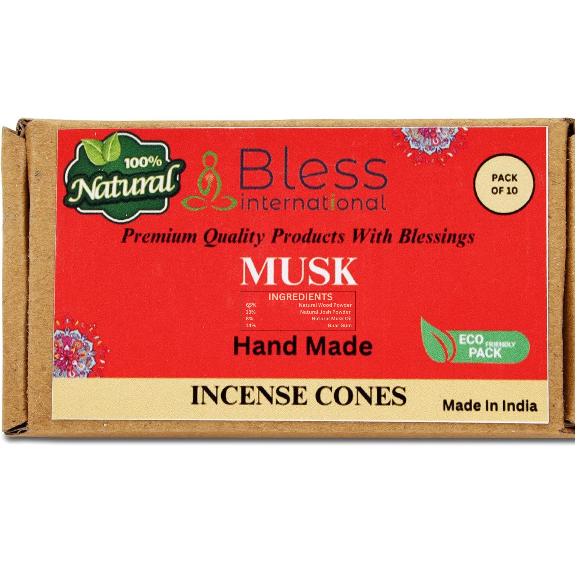 Bless InternationalMusk 100%-Natural-Incense-Cones Handmade-Hand-Dipped Organic-Chemicals-Free for-Purification-Relaxation-Positivity-Yoga-Meditation The-Best-scents (10 Count)