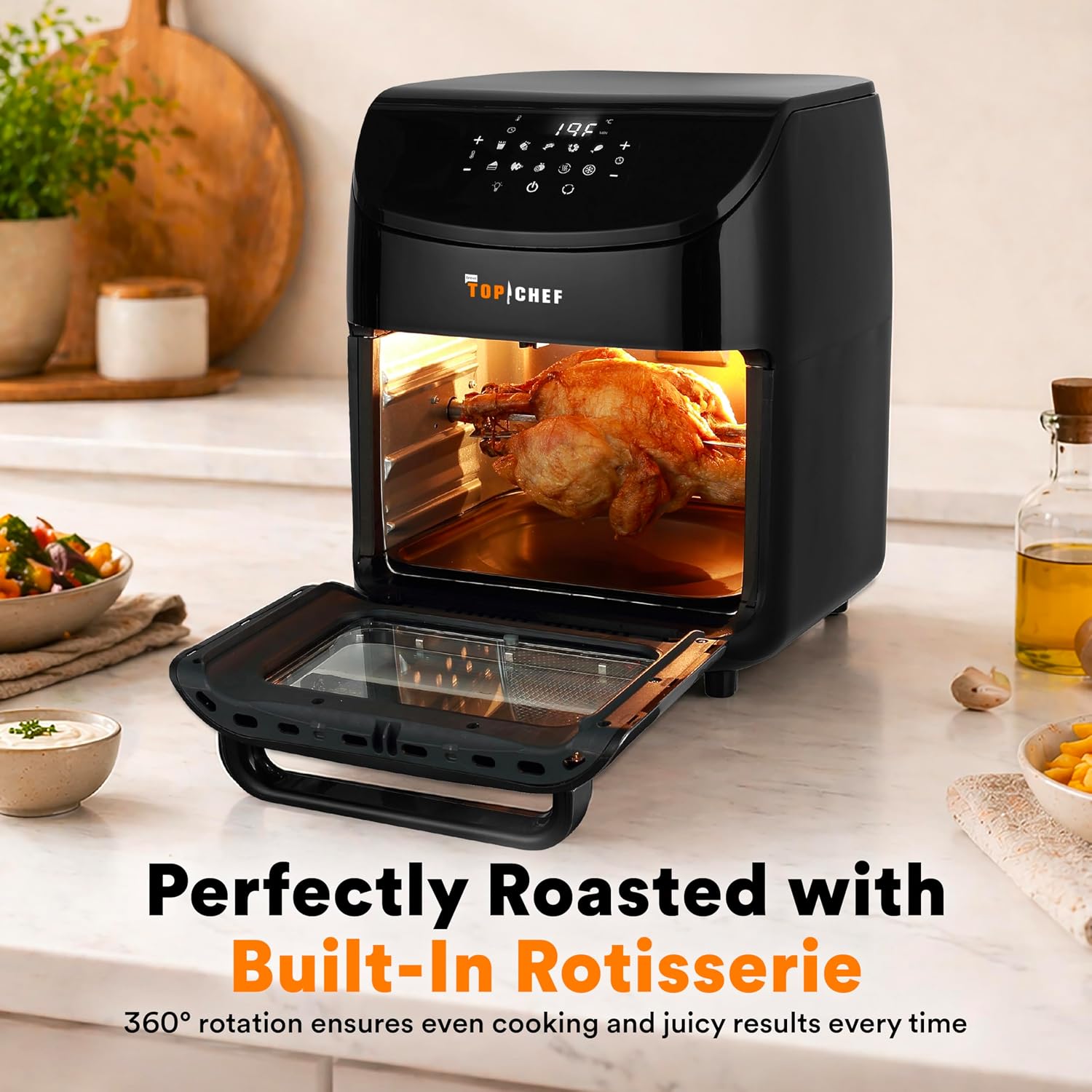 Top Chef 12L / 12.7QT Digital Air Fryer Oven with Rotisserie, 1700W Hot Air Cooker, Touchscreen Controls, Viewing Window, Dehydrate and Reheat Functions, 18-Piece Accessory Set