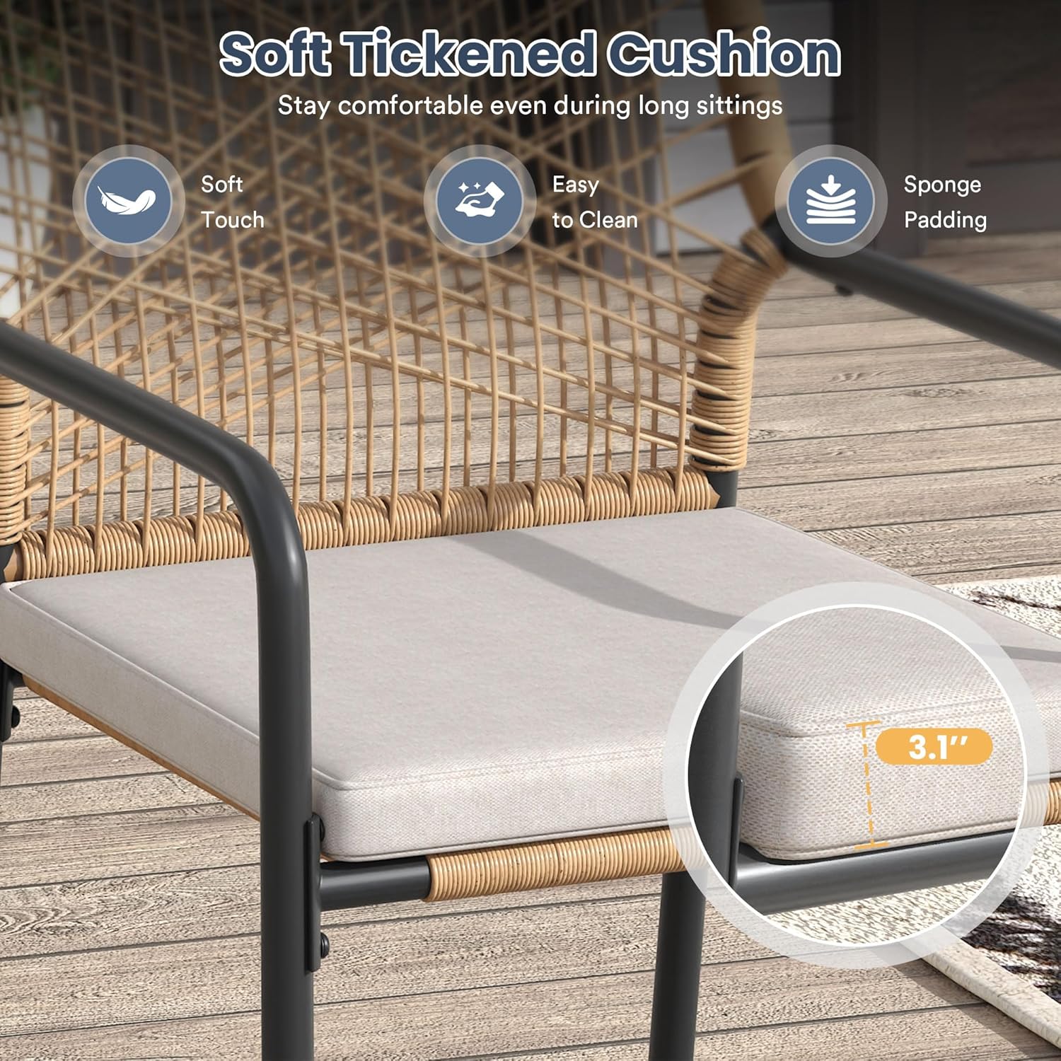 VICLLAX Outdoor Dining Chairs Set of 2, PE Rattan Patio Chairs with Ergonomic Backrest and Detachable Seat Cushion for Deck, Lawn, Garden, Wheat Wicker Outdoor Chairs