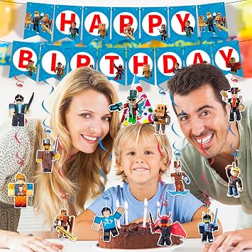 Luclay Robl BirThday Decorations Banner, Roblx Happy BirThday Banner Roblx Party Decorations Roblo Bunting Garland and Hanging Decor for Kids Game Theme Party Supplies Birthday Decorations
