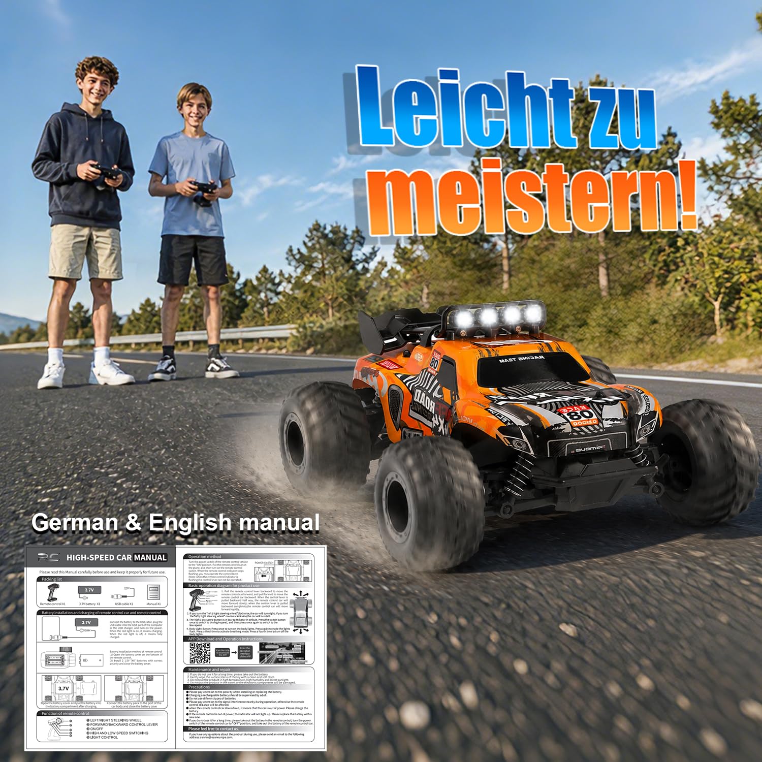 28km/h Ferngesteuertes Auto ab 5 6 jahre, 1:18 Monstertruck Ferngesteuert | RC Auto mit Licht, Ferngesteuertes Auto mit Zwei Karosserie, 2Akku 60 Minuten, 2,4GHz RC Buggy Rennauto ab 5 6 7 8 Jahre