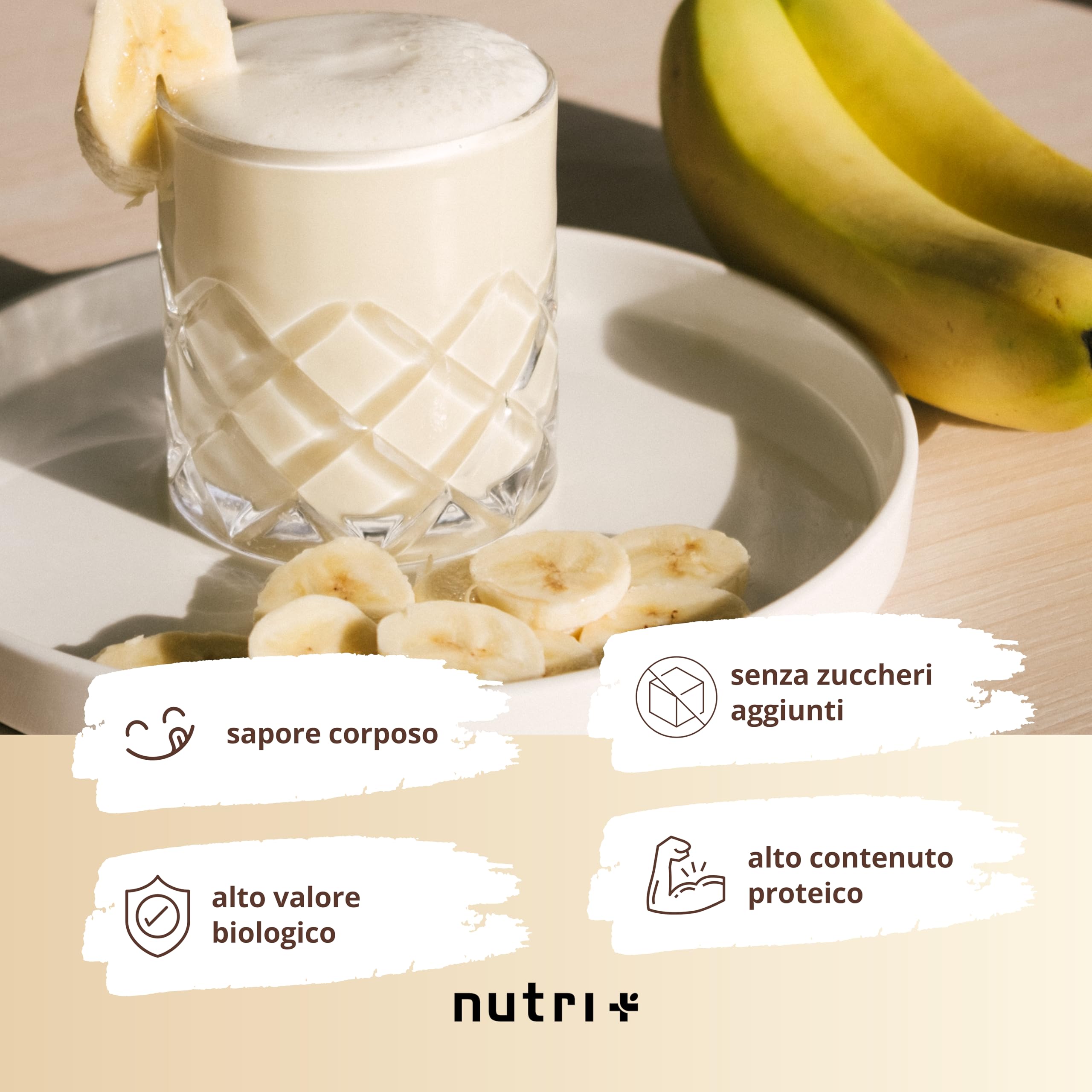 nutri+ 6K Vegan Protein Powder 1 kg - a Base Vegetale - Banana Milk - con Isolato di Proteina di Piselli Soia Riso Grano Girasole Mandorla - senza Lattosio
