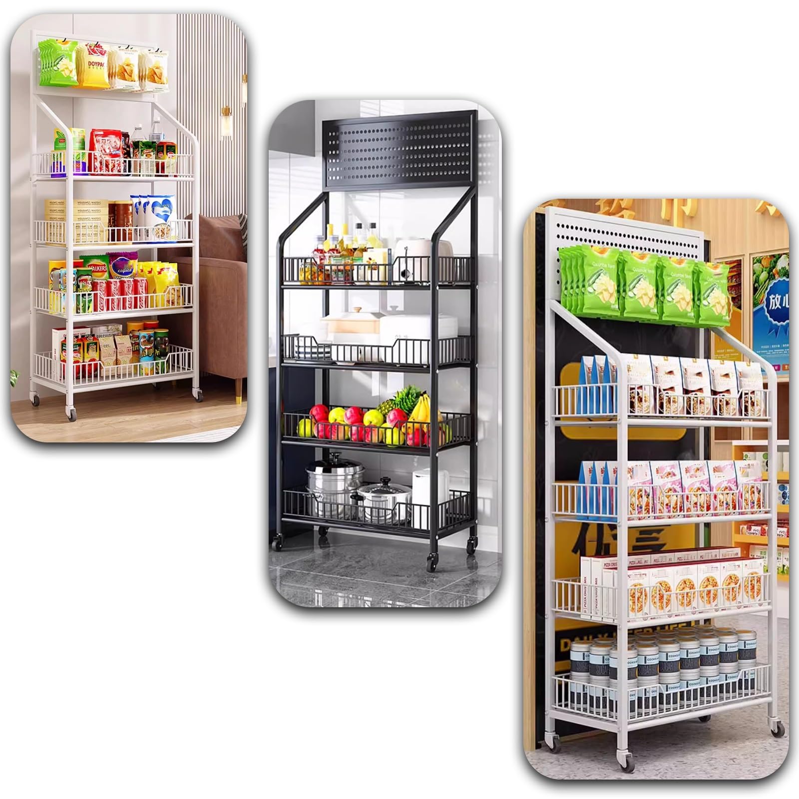 Espositore per vendita al dettaglio a 4 e 5 ripiani, scaffale per supermercati commerciali, scaffale extra alto per la spesa con ganci e ruote universali, organizer multistrato per dispensa, cucina