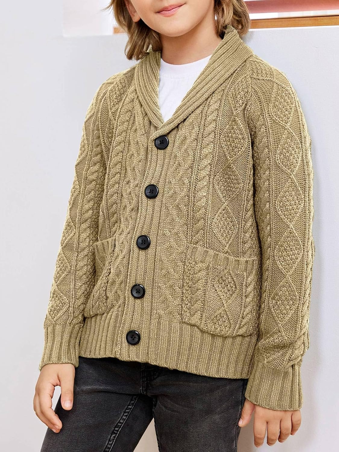 rrhss Boys Cable Knit Cardigan Sweater Kids Button Down Shawl Collar Outwear Sweater with Pockets 3-12 Years - Image 4