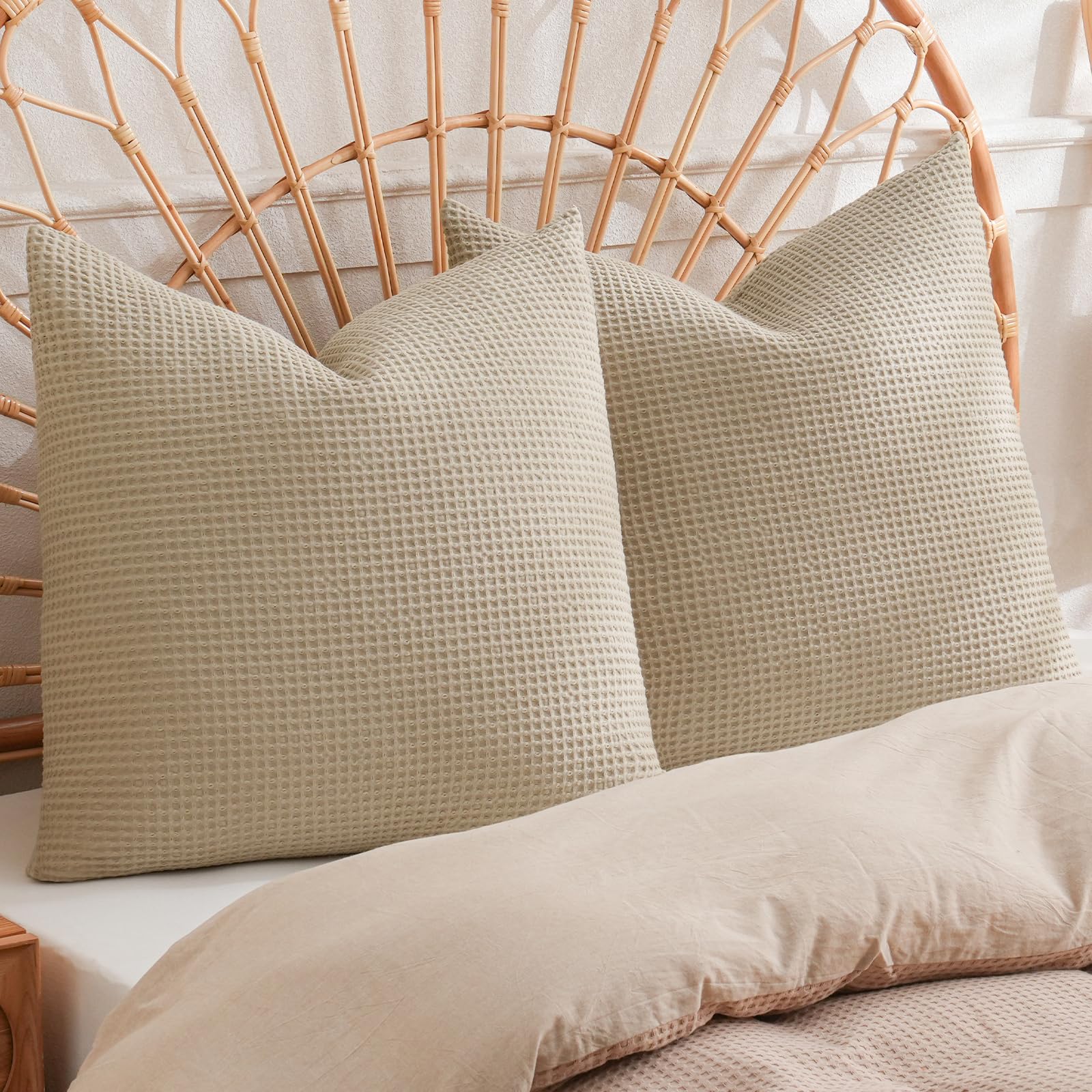 phf 100% cotton waffle weave throw pillow cover, 20" x 20", no insert, 2 pack elegant home decorative square throw pillow covers for bed couch sofa, khaki
