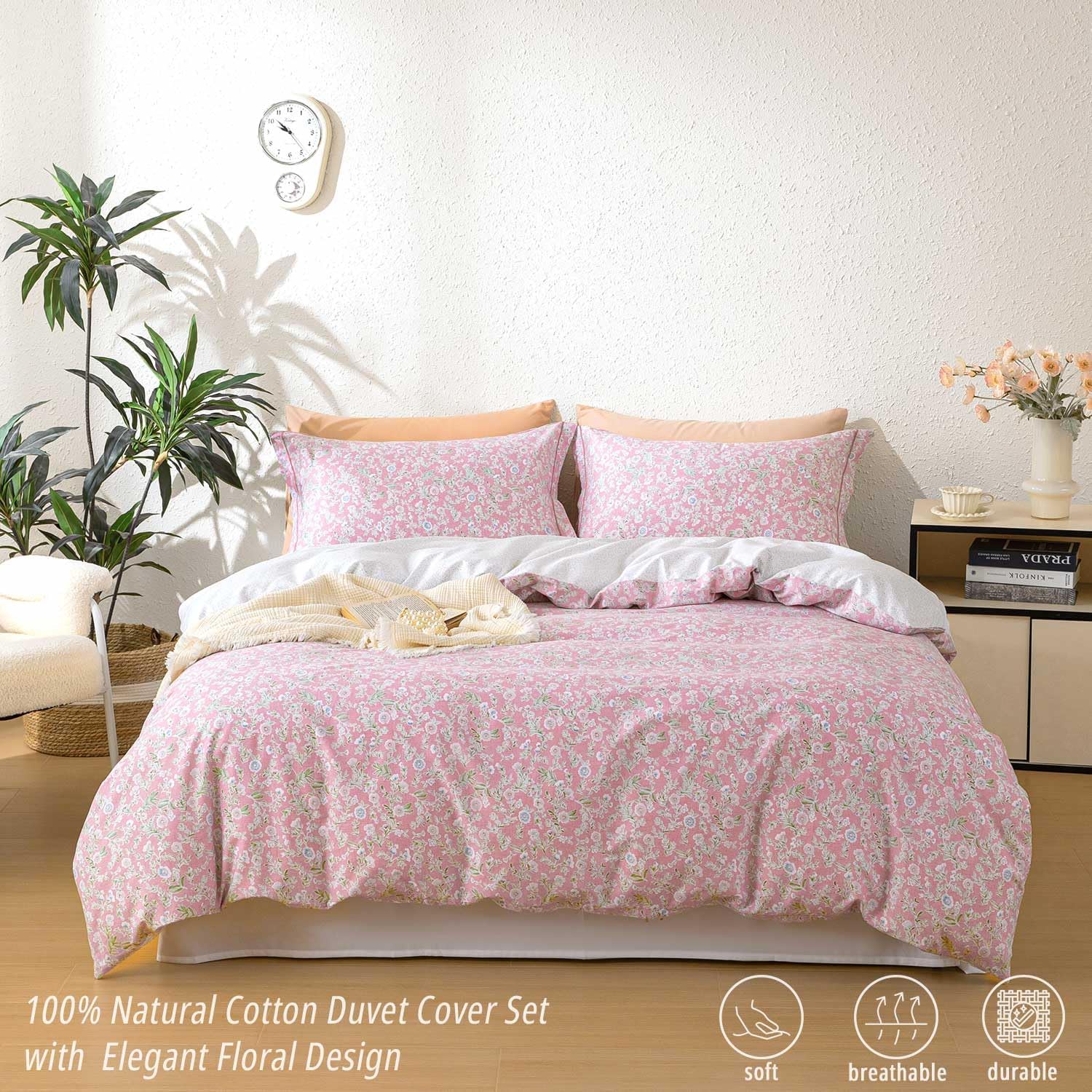 100% Natural Cotton Floral Duvet Cover King Size - Antique Pink Botanical Front & White Leaf Print Back with Button Closure, Romantic Cottage Style(3 Pieces,104"×90") - Image 3