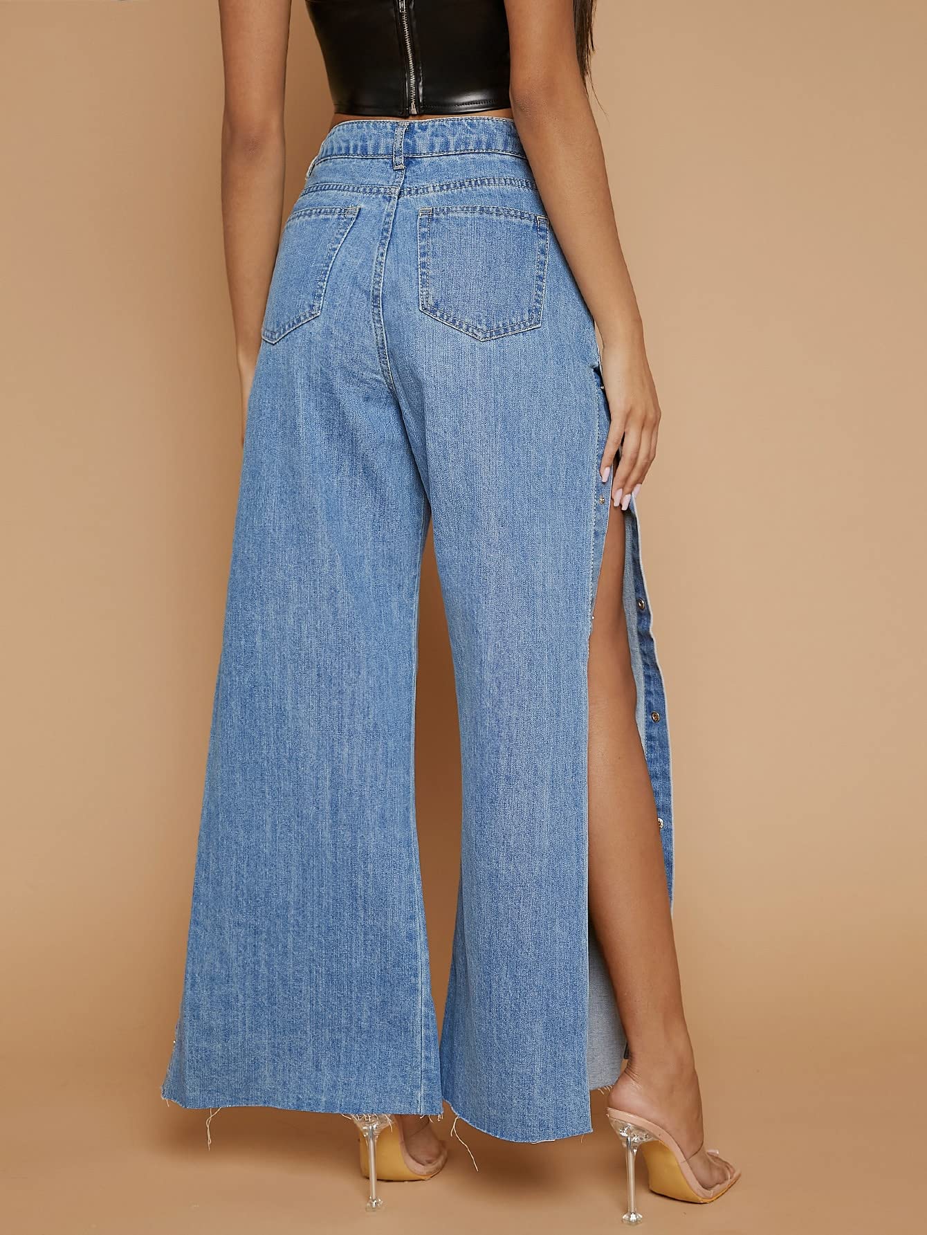 zhaotuoqp Women's Jeans Jeans for Women Snap Button Side Trim Wide