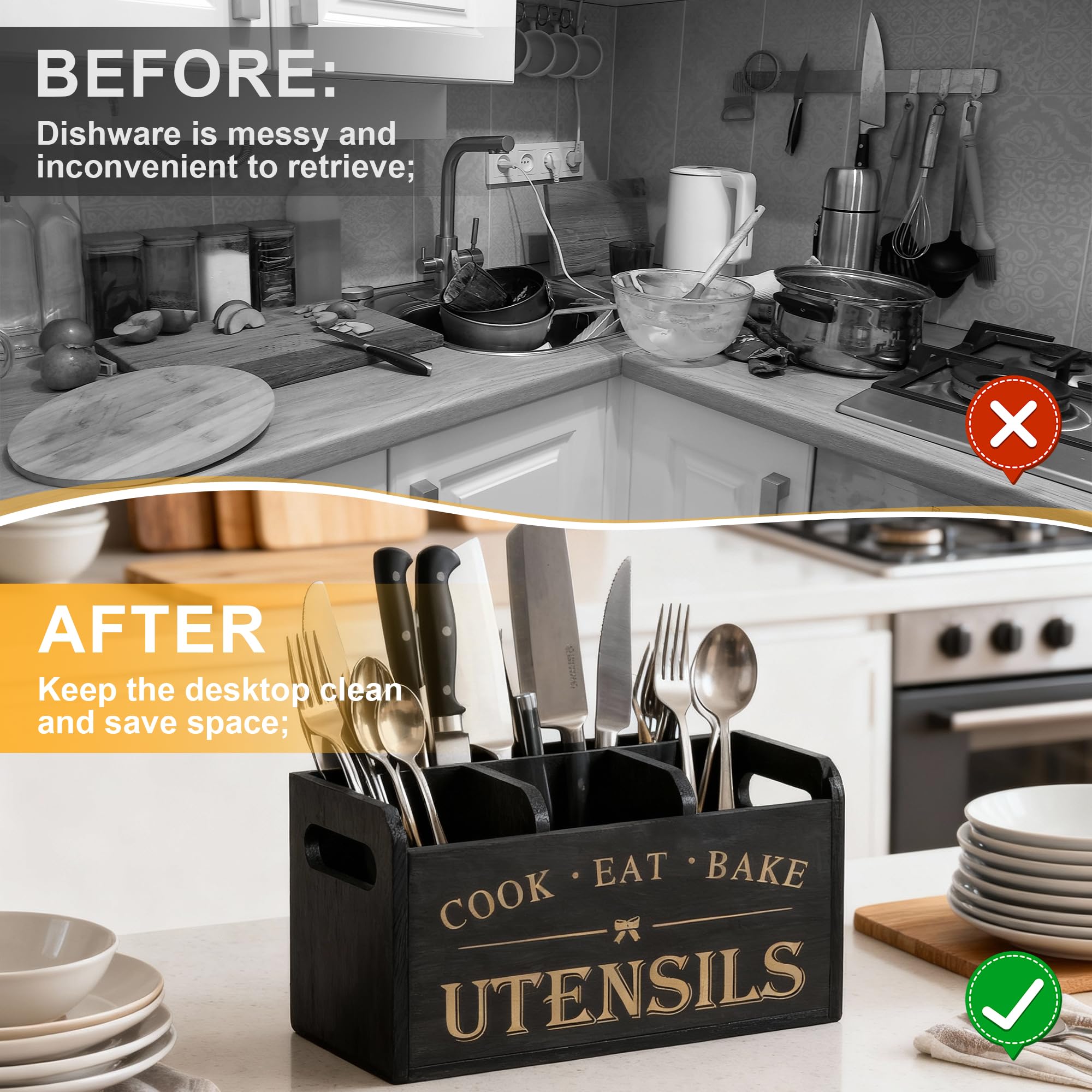 Zocipro Küchen Utensilien Halter aus Holz mit Abflusslöchern, 3 Fächer fester Kitchen Utensilhalter für Küchentheke, Kochwerkzeuge für Bauernhäuser für Arbeitsplatten, Schwarz