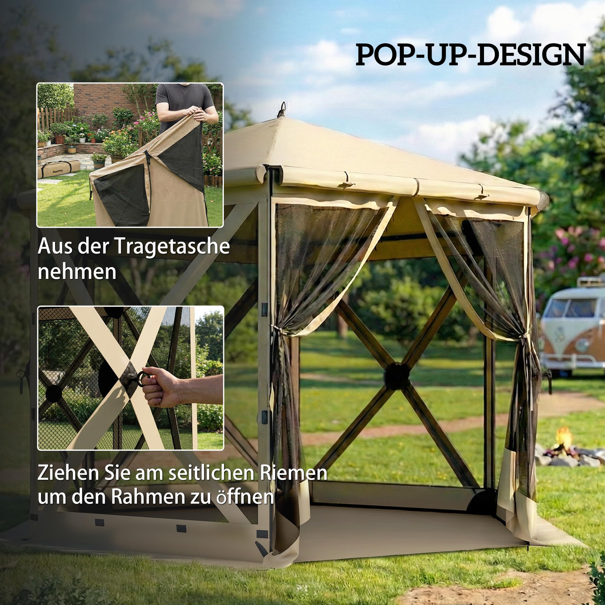 Outsunny 3mx2.6m Gazebo Esagonale con Tappeto impermeabile Cachi