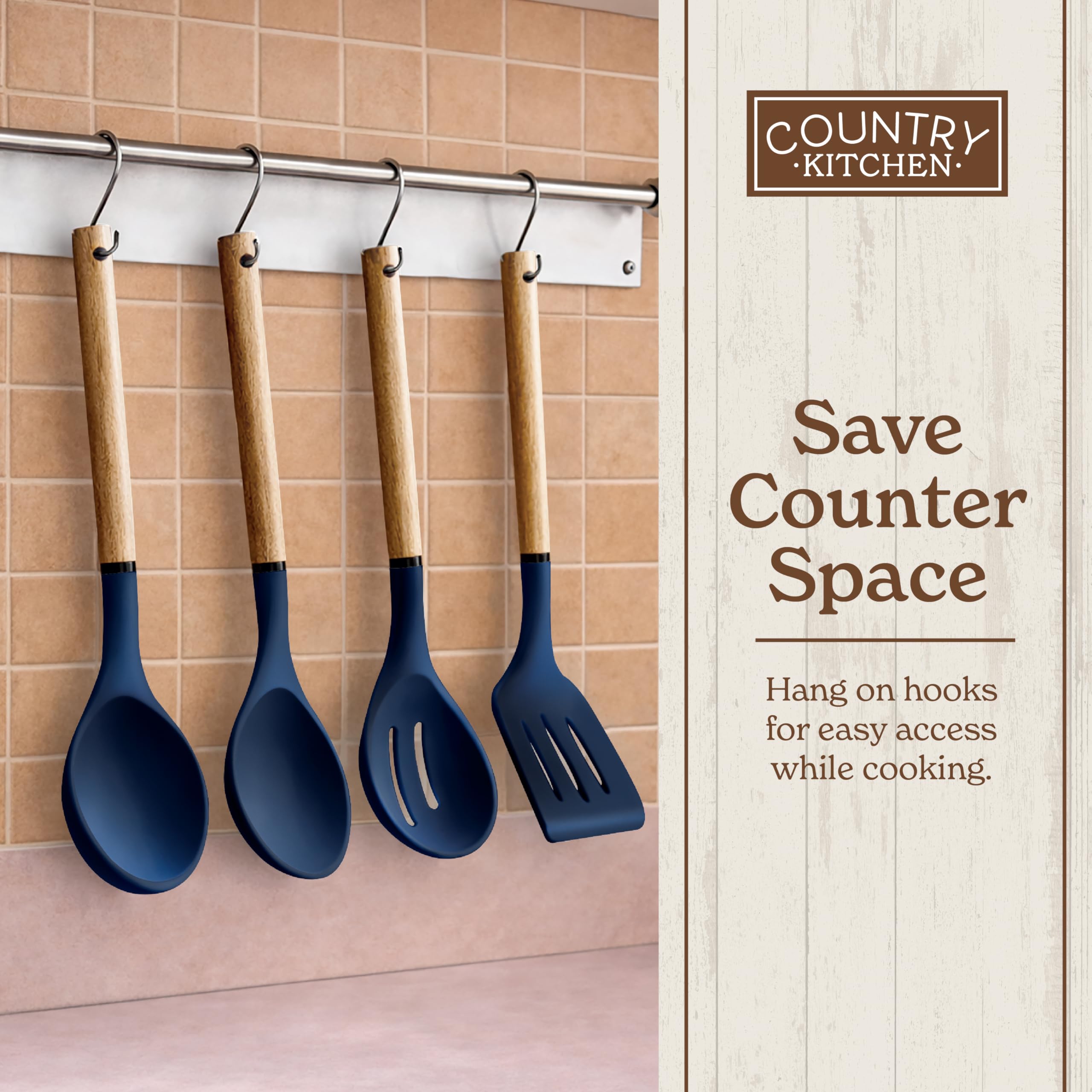 Country Kitchen Juego de utensilios de cocina de silicona y madera de 8 piezas, resistente al calor hasta 450°F, fácil de limpiar, sin BPA