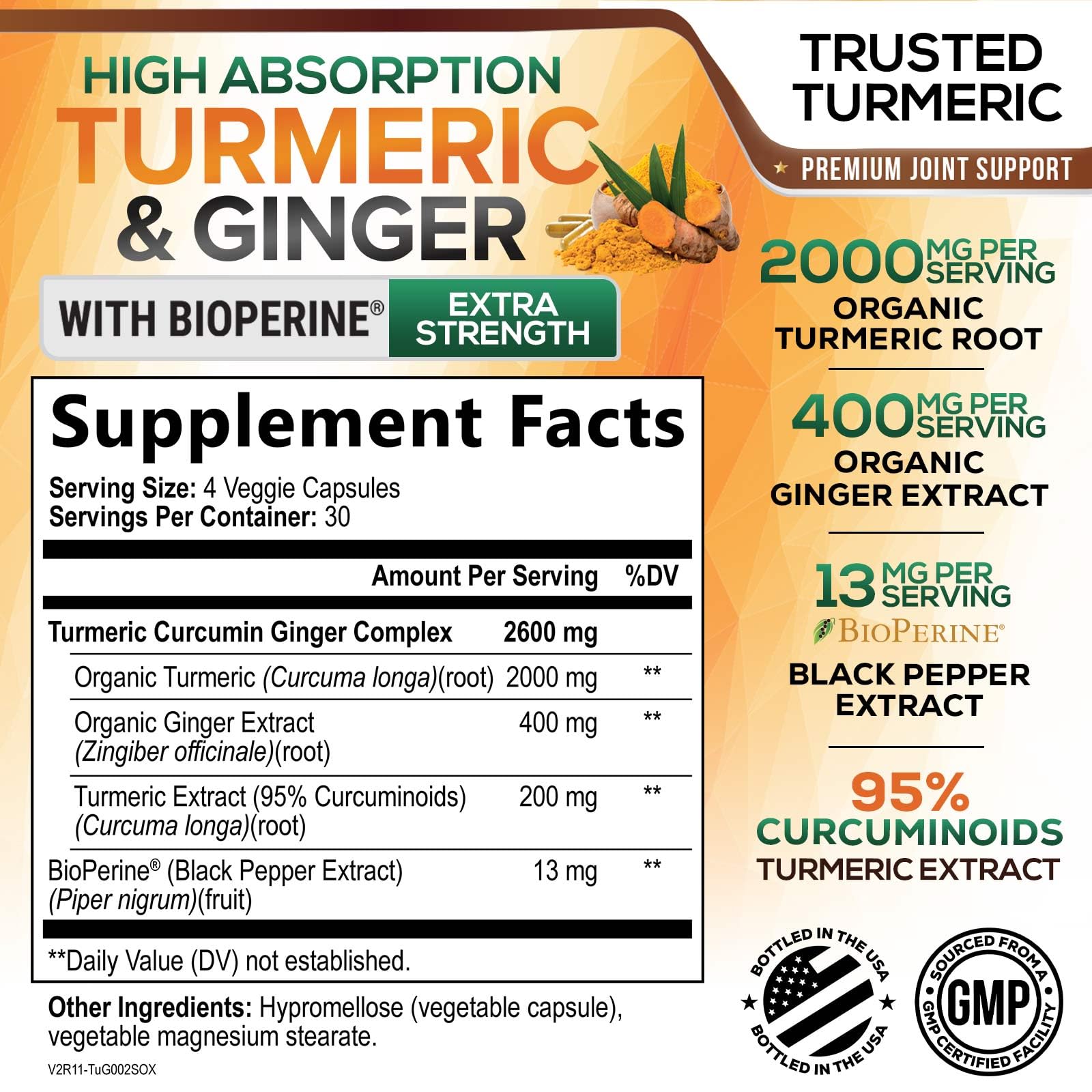 Turmeric Curcumin Supplement 2600mg with Organic Turmeric & Ginger - 95% Curcuminoids & BioPerine Black Pepper Extract for Best Absorption - Natural Vegan Joint Support, Bottled in USA - 120 Capsules — Amazon image 2