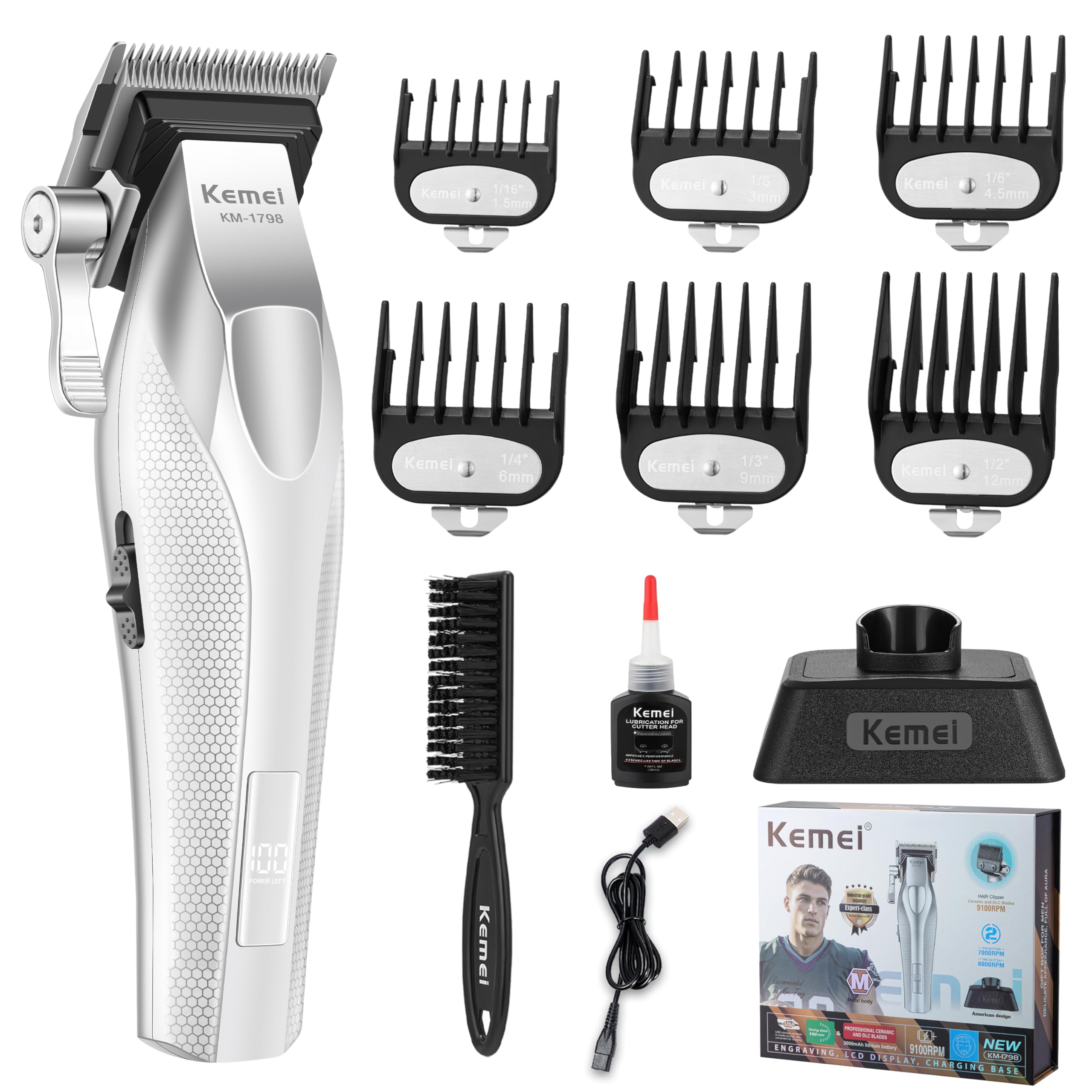 KEMEI Cortapelos profesionales, cortadoras inalámbricas para hombres, recortadoras para barberos a 9100 rpm, cortadoras para cortar el cabello con cuerpo de metal completo de cerámica y cuchillas DLC