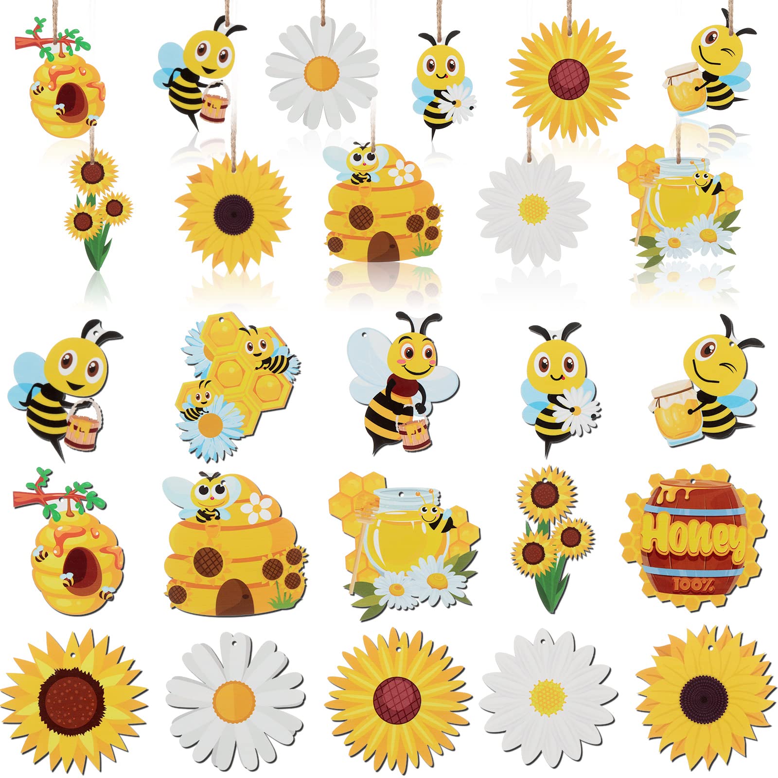 Jetec 30 Pieces Honey Bees Ornaments Honey Honeycombs House Ornaments Sunflowers Daisy Summer Tree Wooden Hanging Sign for Bee Themed Party Baby