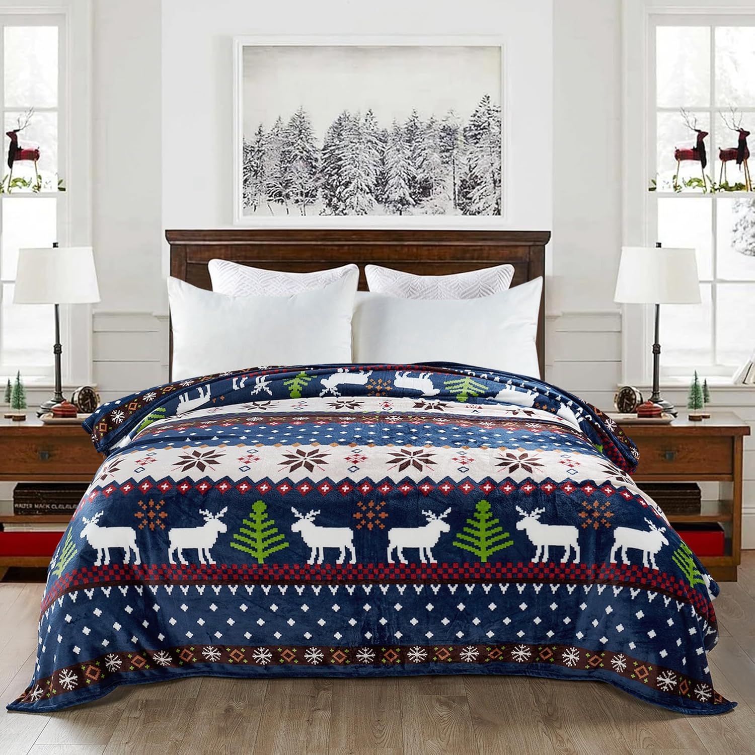 Home Soft Things Christmas Collection Flannel Fleece Blanket, Twin, Blue Christmas Deer, 90" x 60", Winter Warm Cozy Throw Blanket for Bed Home Décor
