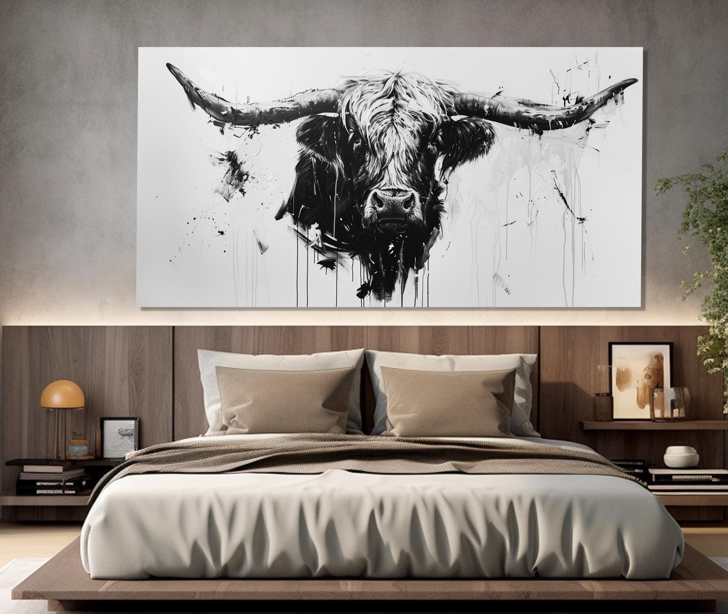 lianyibo Abstrakcyjne bydło górskie sztuka ścienna Texas Longhorn czarno-biały druk na płótnie, plakat o tematyce dzikiej przyrody wystrój domu (70 x 140 cm)