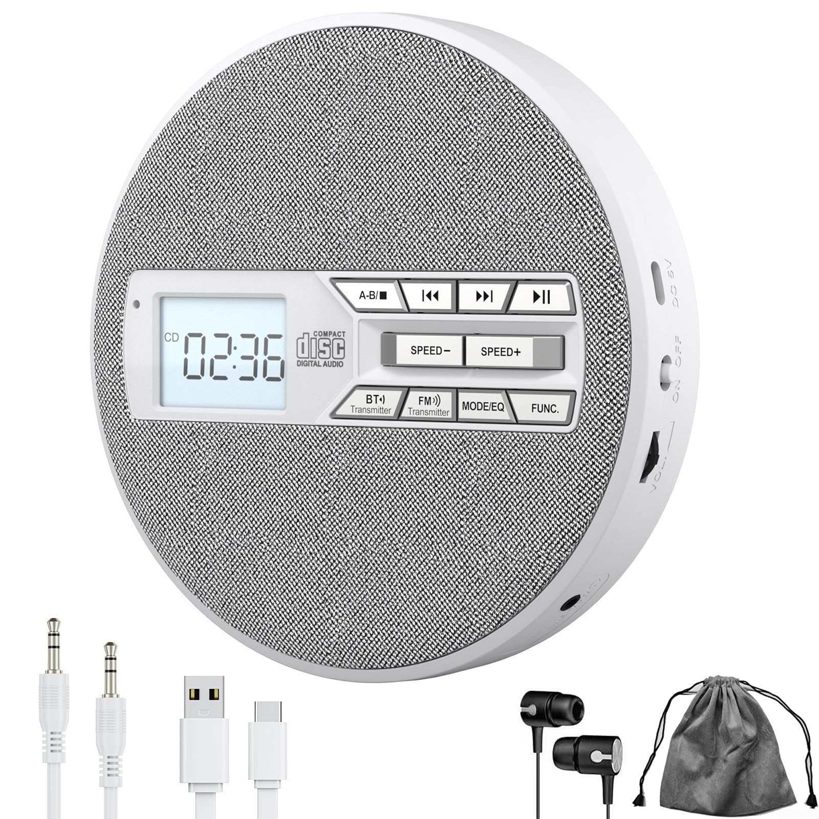 Lettore CD portatile supporta MP3 WMA CD CD R CD RW riproduzione doppio altoparlanti stereo USB AUX uscita batteria ricaricabile display LCD retroilluminato (grigio chiaro)