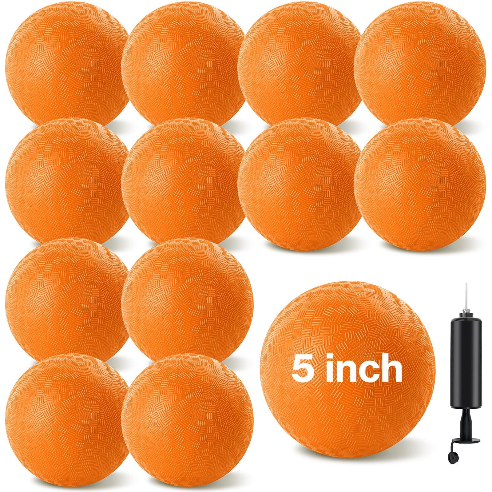 HSLCGF 12 Pack Dodgeballs 5 Inch Playground Ball Kickball Orange Inflatable Rubber Handball Bouncy Dodge Ball with 1 Hand Pump for Outdoors Ball Games