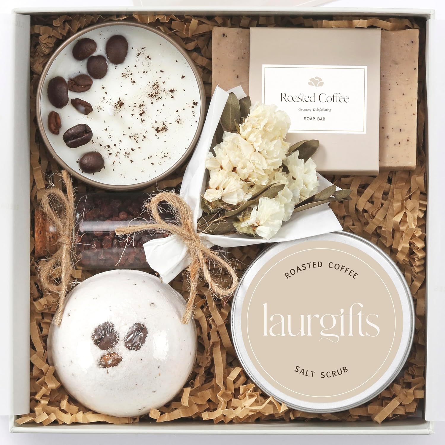 Coffee Spa Box for Women  Small Relaxing Self Care Basket with Coffee Scented Candle, Bath Bomb, Soap & Salt Scrub  Thoughtful Birthday, Thank You, Housewarming or Christmas Gift for Her
