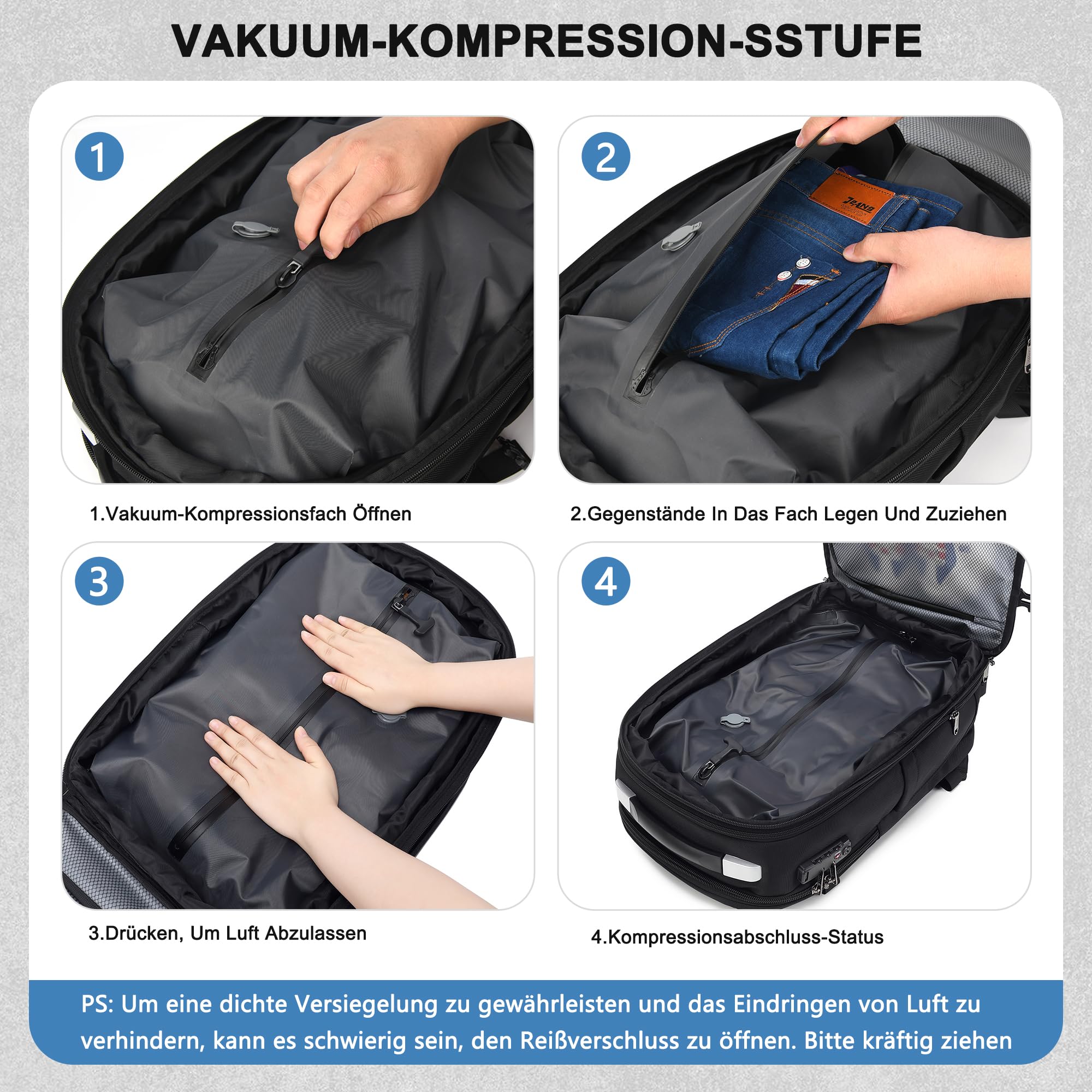 Vakuum Rucksack Handgepäck, 60L Erweiterbarer Reiserucksack mit Kompression & Luftpumpe, Airbag Rucksack mit TSA-Schloss