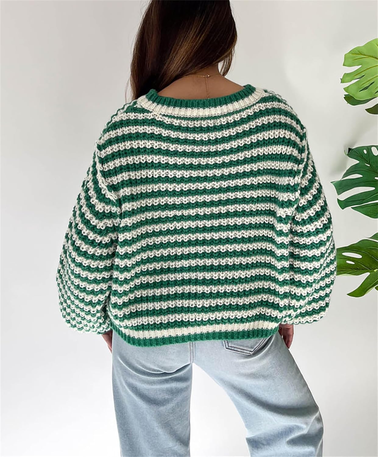 Womens Cute Striped Sweater Crew Neck Lantern Sleeve Cropped Sweaters Casual Loose Knitted Tops