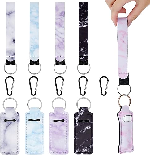 Llavero de mármol para lápiz labial, bolsa para lápiz labial, bolsillo portátil, soporte de tubo de brillo de labios, llavero con correa de cordón